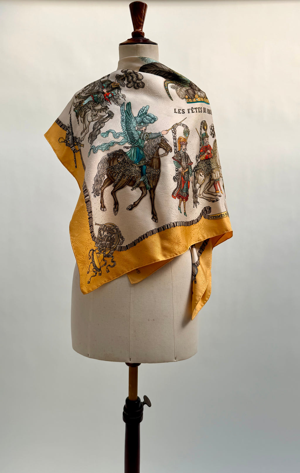 Hermès Les Fêtes du Roi Soleil Carré 90 Silk Scarf Yellow Ivory by Loïc Dubigeon