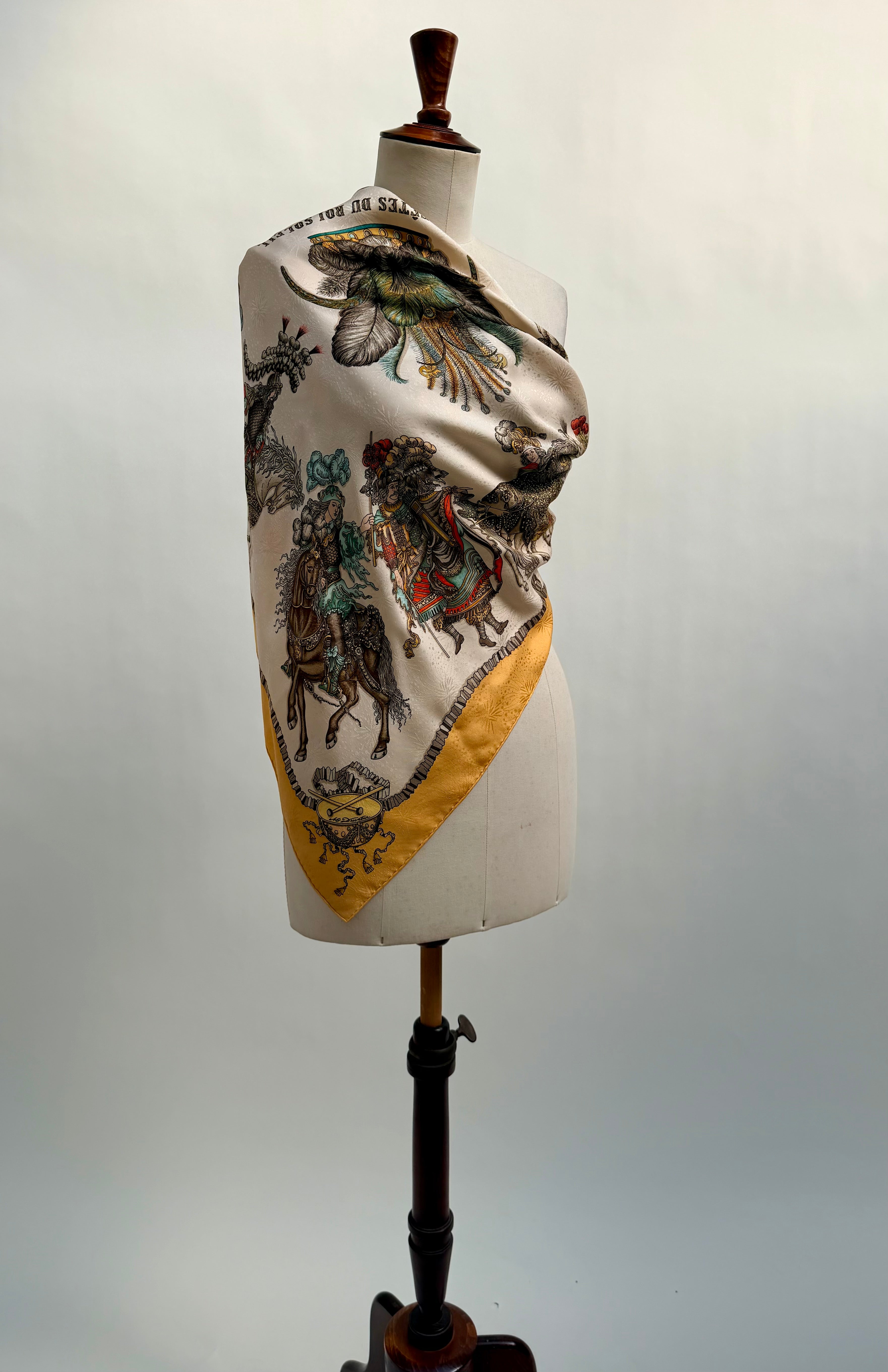 Hermès Les Fêtes du Roi Soleil Carré 90 Silk Scarf Yellow Ivory by Loïc Dubigeon