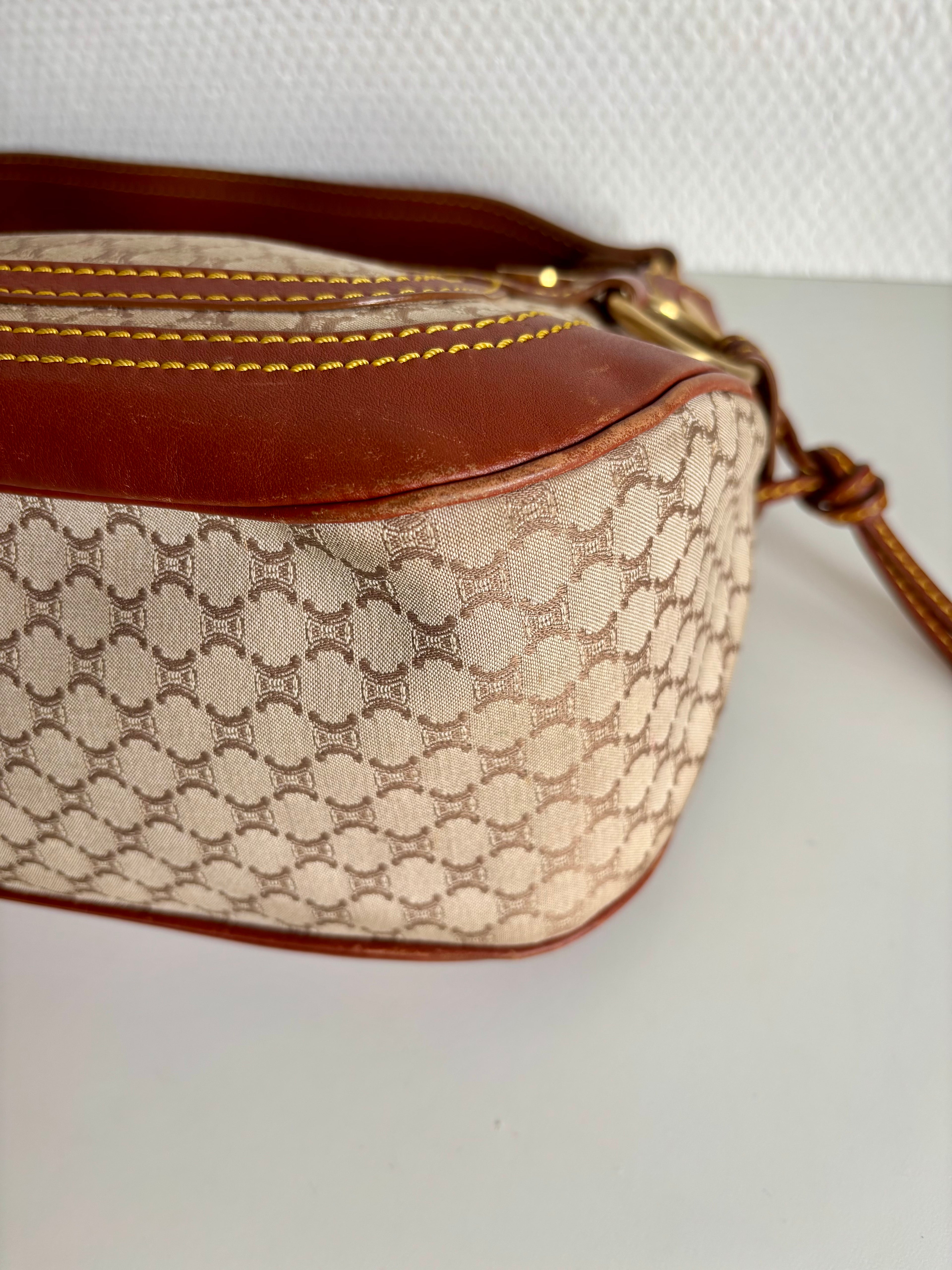 Celine Vintage 90s Brown Leather / Canvas Handbag