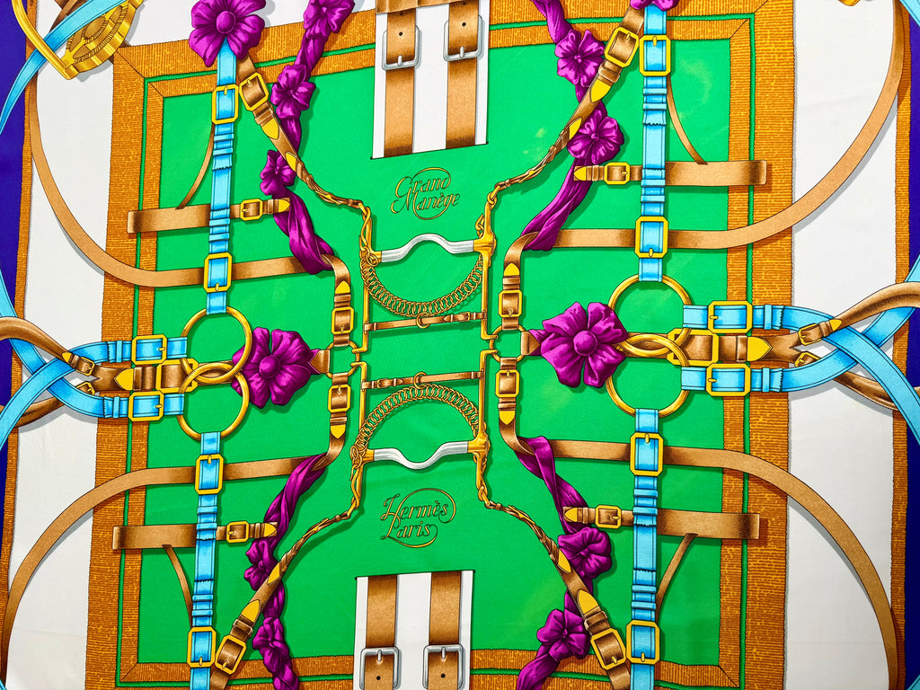 Hermès Grand Manège Silk Scarf 90x90 Purple Green Gold by Henri d’Origny