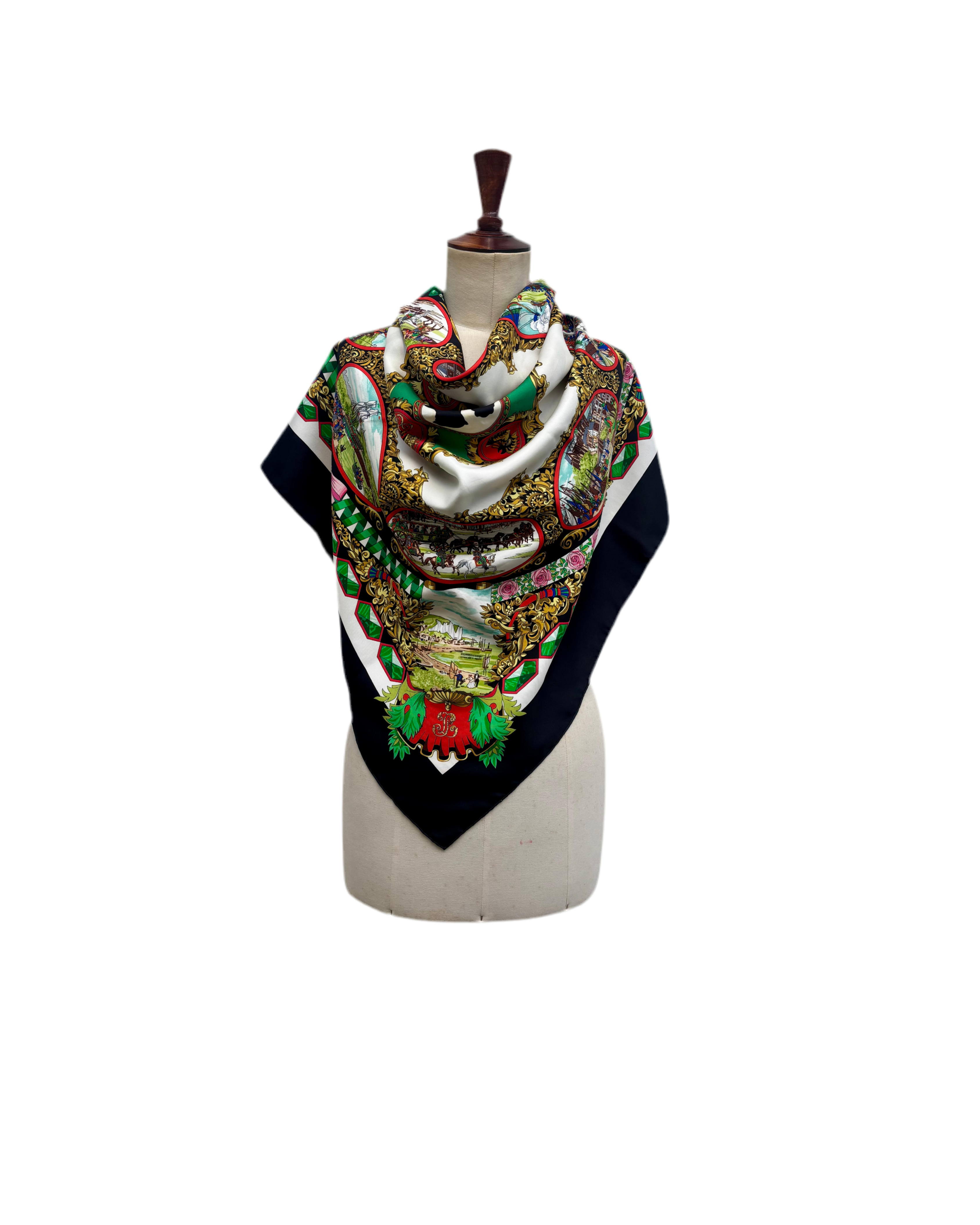 Hermès Vintage Silk Carré 90 Scarf Black Multicolor Print