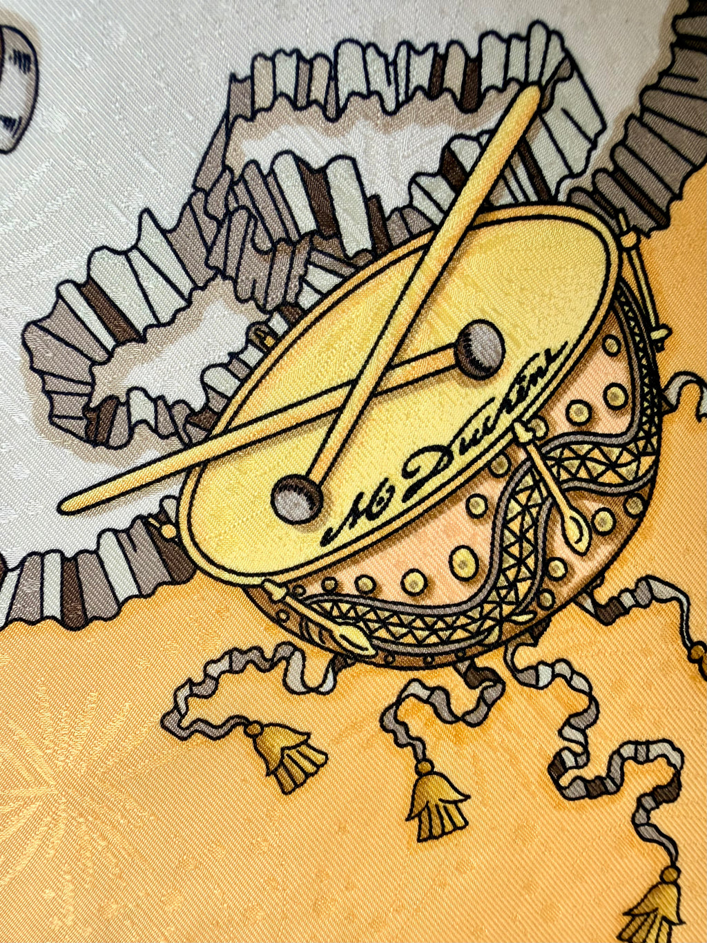 Hermès Les Fêtes du Roi Soleil Carré 90 Silk Scarf Yellow Ivory by Loïc Dubigeon