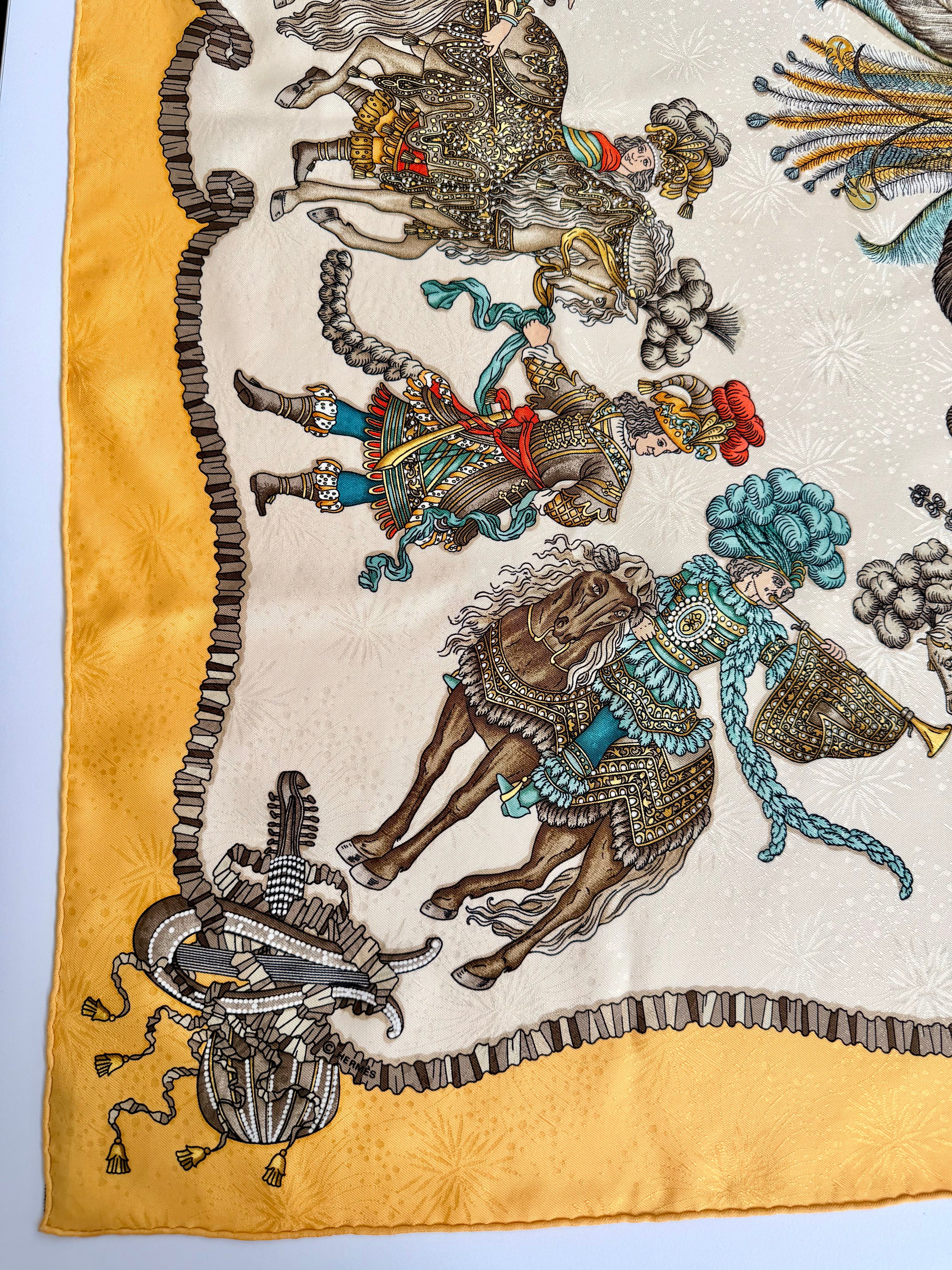 Hermès Les Fêtes du Roi Soleil Carré 90 Silk Scarf Yellow Ivory by Loïc Dubigeon