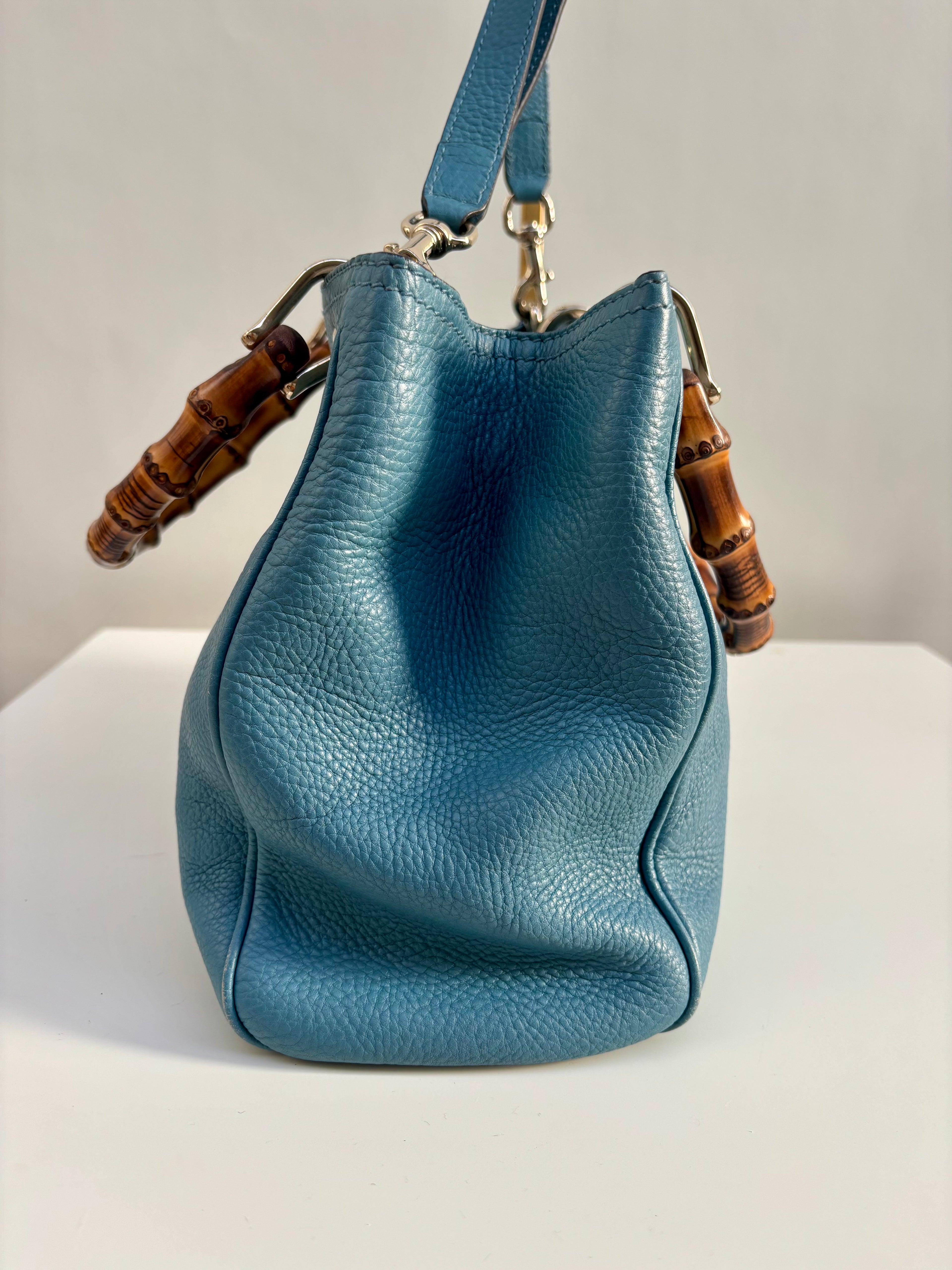 Gucci Bamboo Leather Top Handle Bag Blue Vintage Bamboo Crossbody