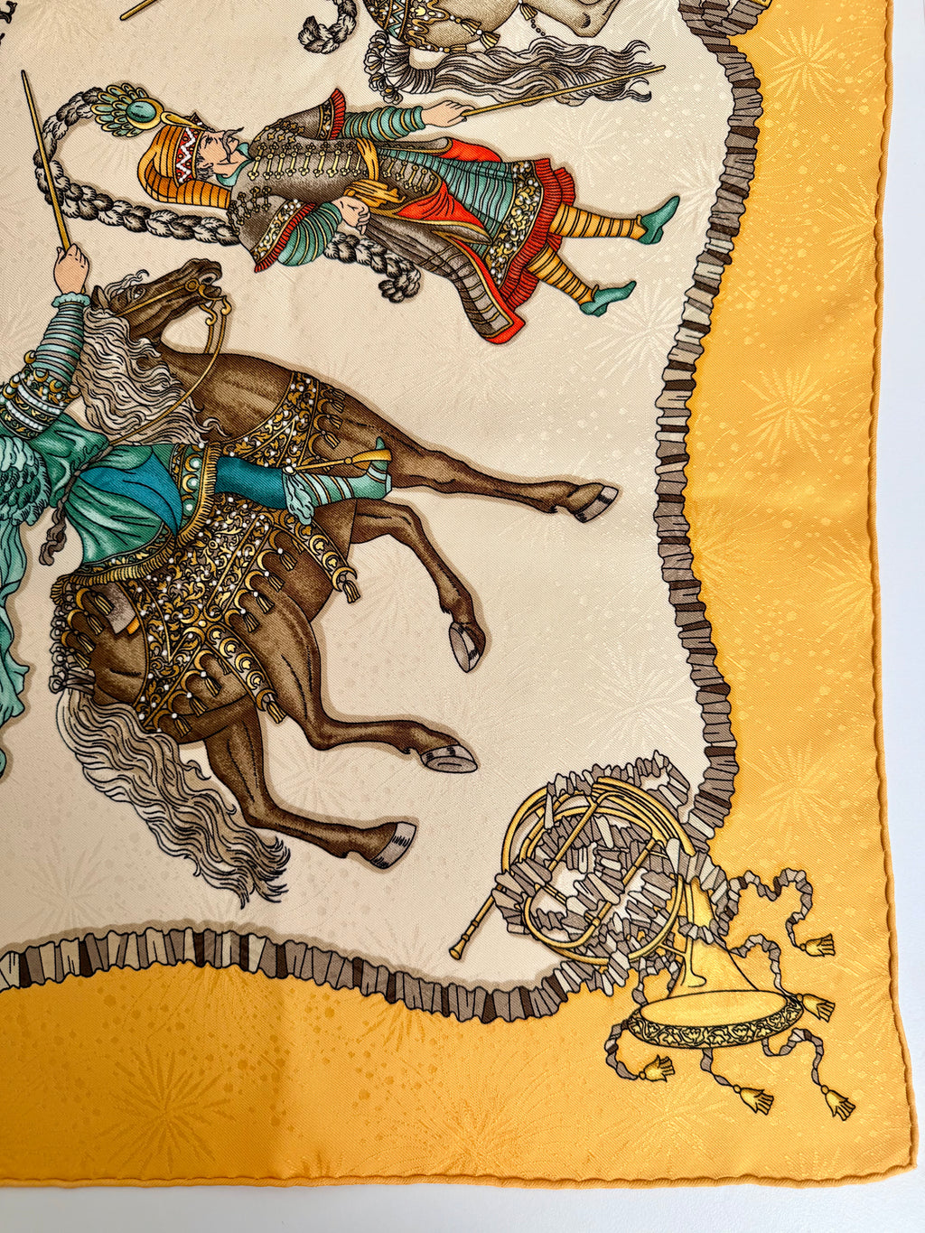 Hermès Les Fêtes du Roi Soleil Carré 90 Silk Scarf Yellow Ivory by Loïc Dubigeon