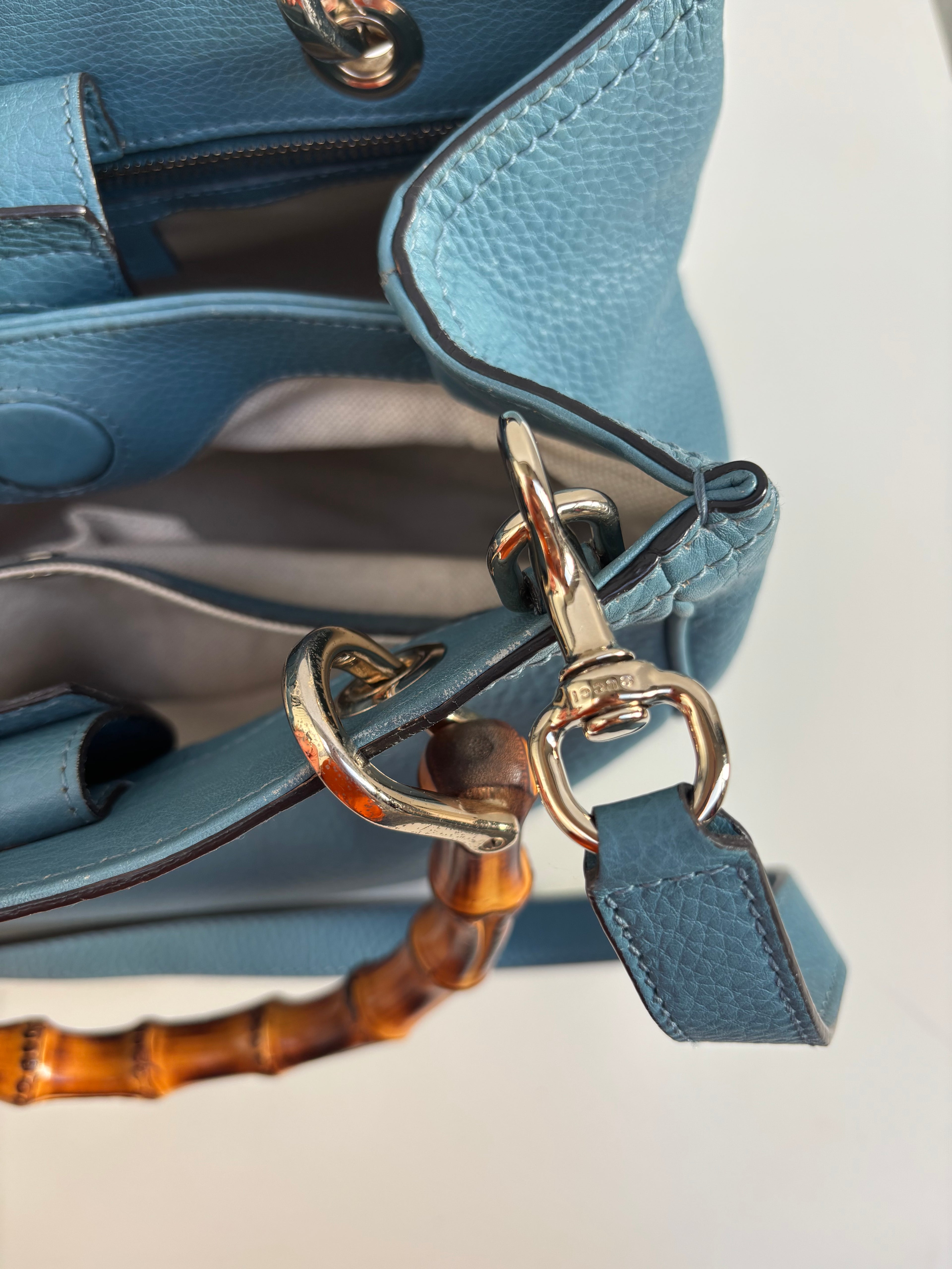 Gucci Bamboo Leather Top Handle Bag Blue Vintage Bamboo Crossbody