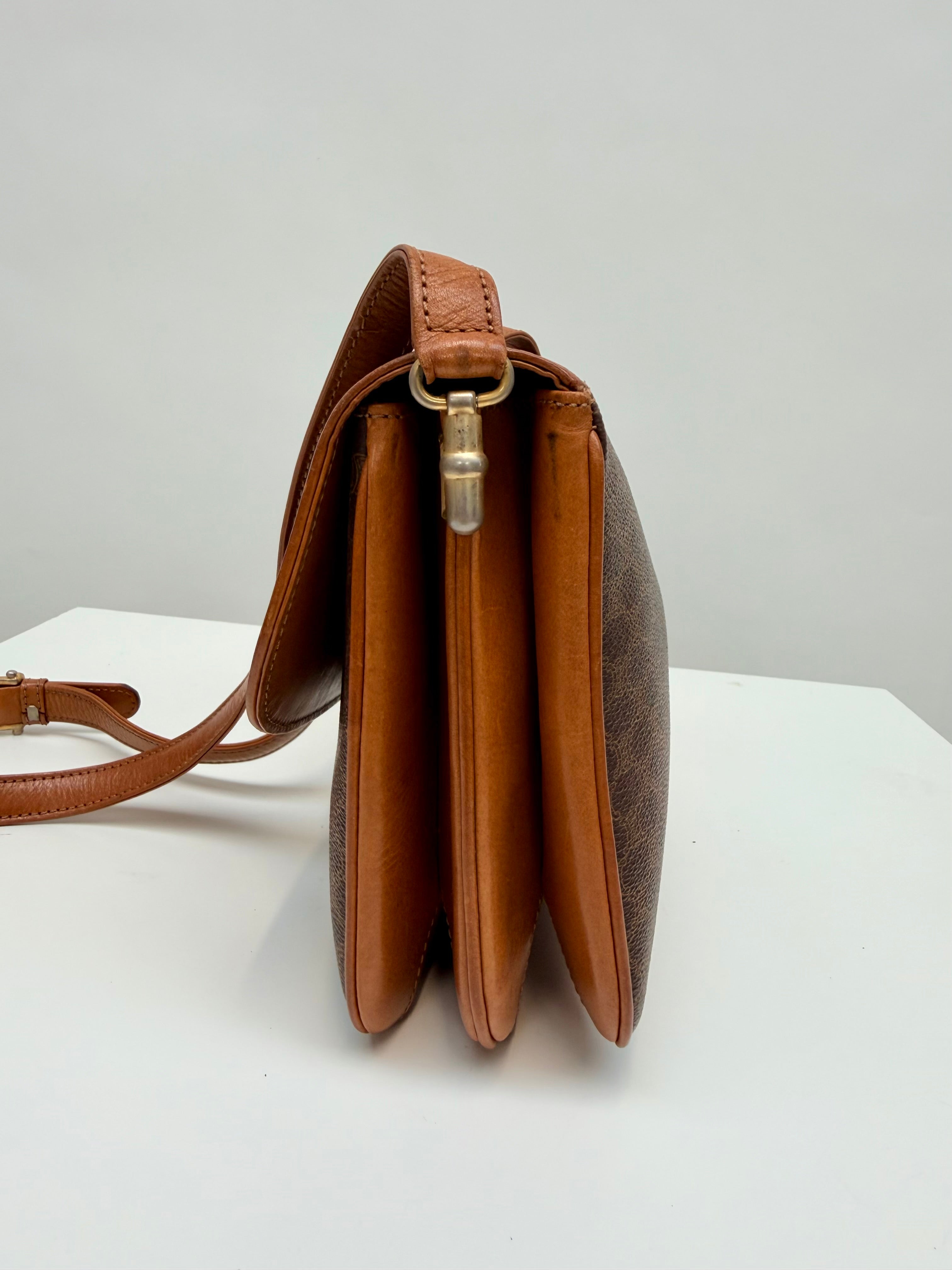 Celine Macadam Vintage Brown Canvas Leather Crossbody Bag