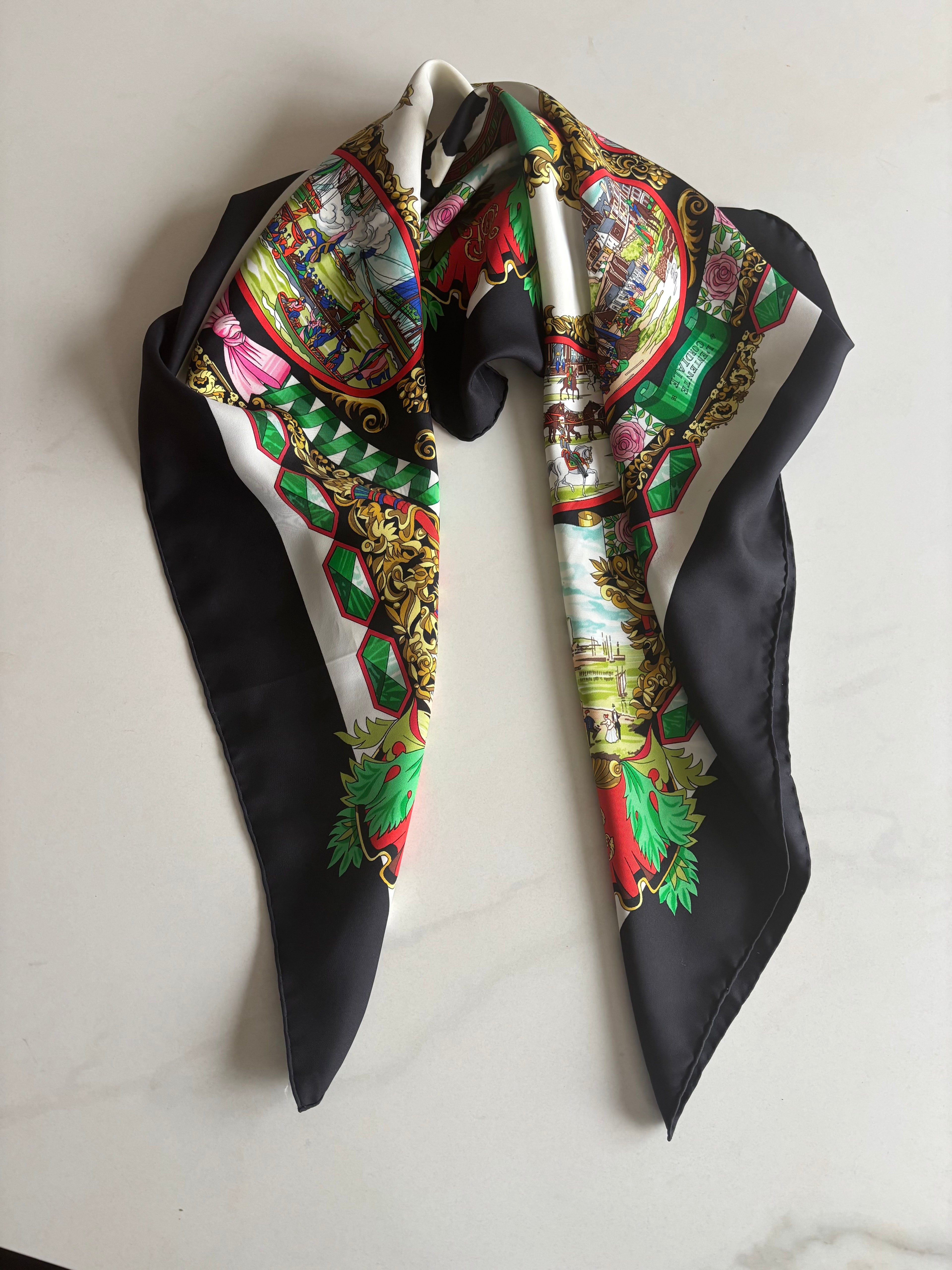 Hermès Vintage Silk Carré 90 Scarf Black Multicolor Print
