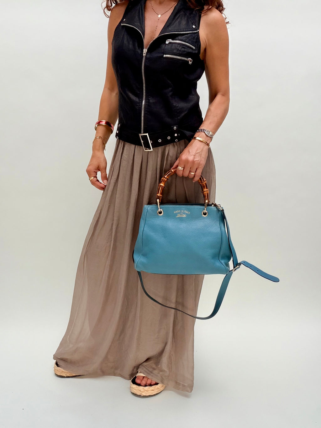 Gucci Bamboo Leather Top Handle Bag Blue Vintage Bamboo Crossbody