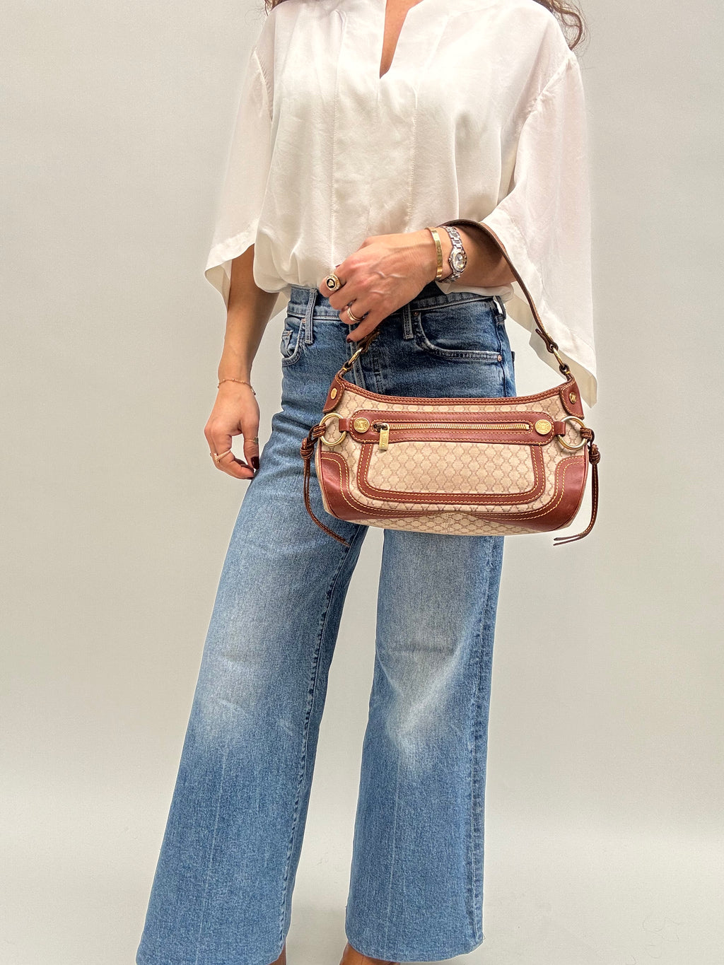 Céline Macadam Baguette Shoulder Bag Brown Canvas Leather Vintage 90s