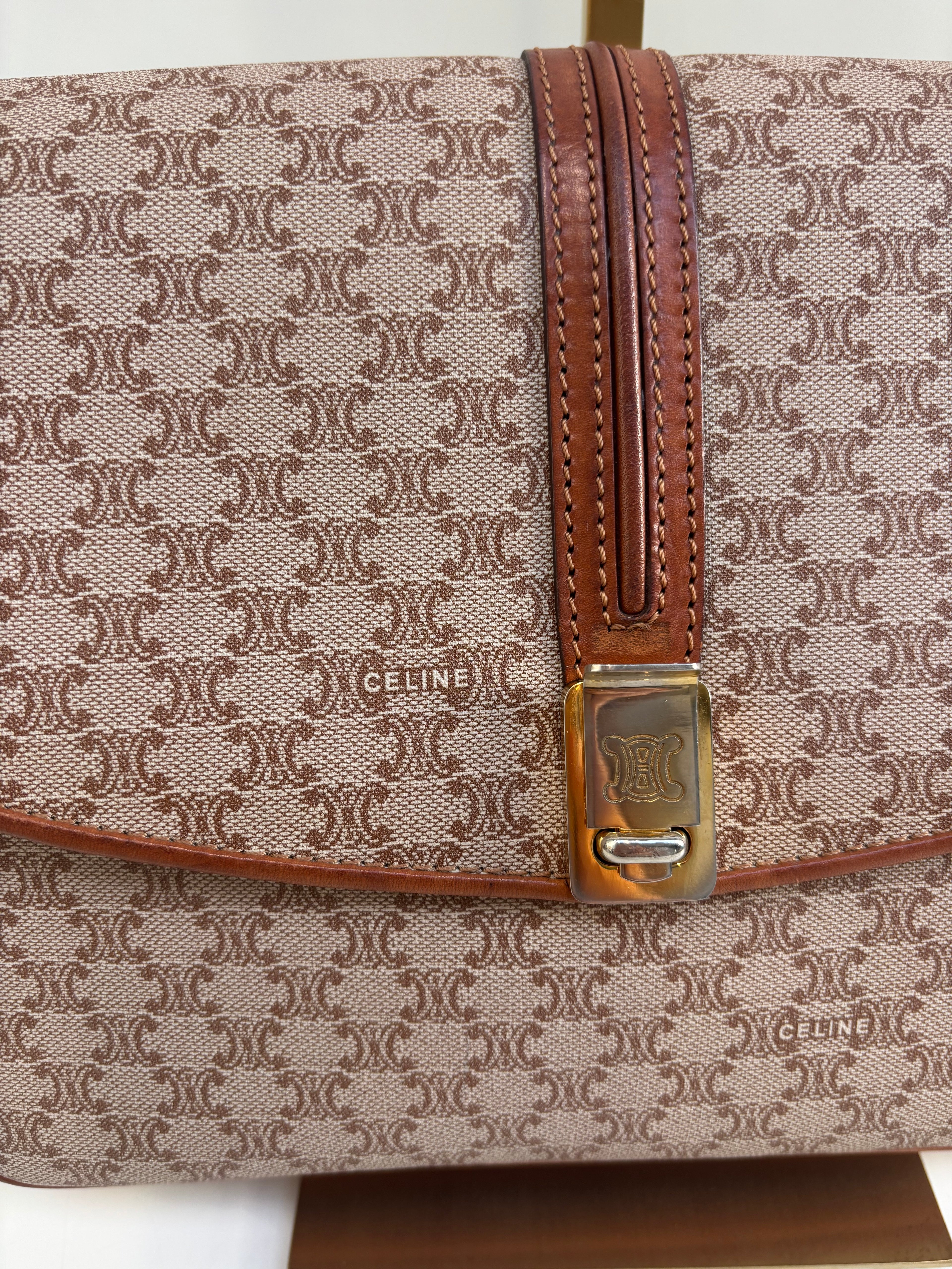 Celine Vintage 90s Macadam Crossbody Bag Beige Brown Canvas