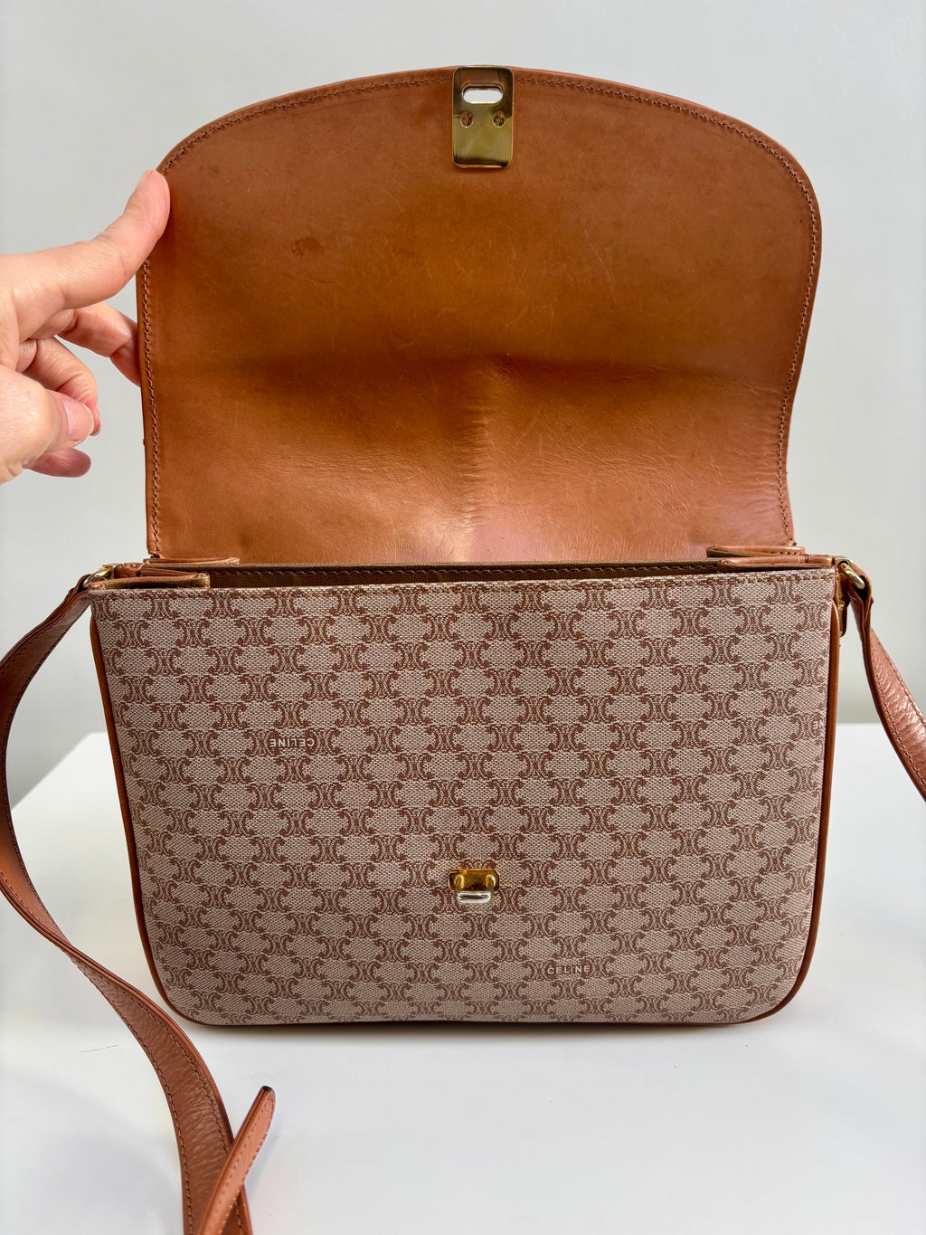 Celine Vintage 90s Macadam Crossbody Bag Beige Brown Canvas