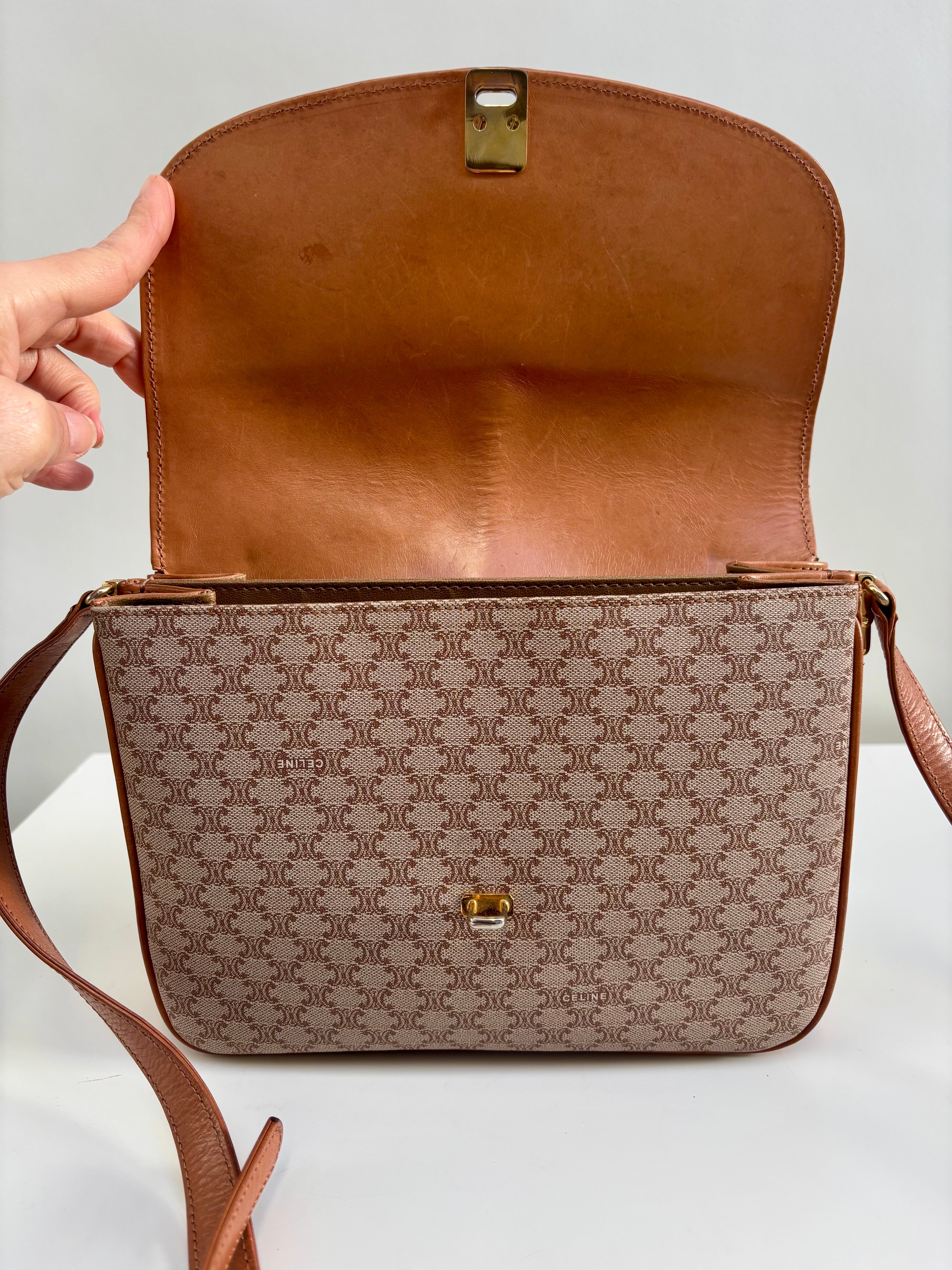 Celine Vintage 90s Macadam Crossbody Bag Beige Brown Canvas