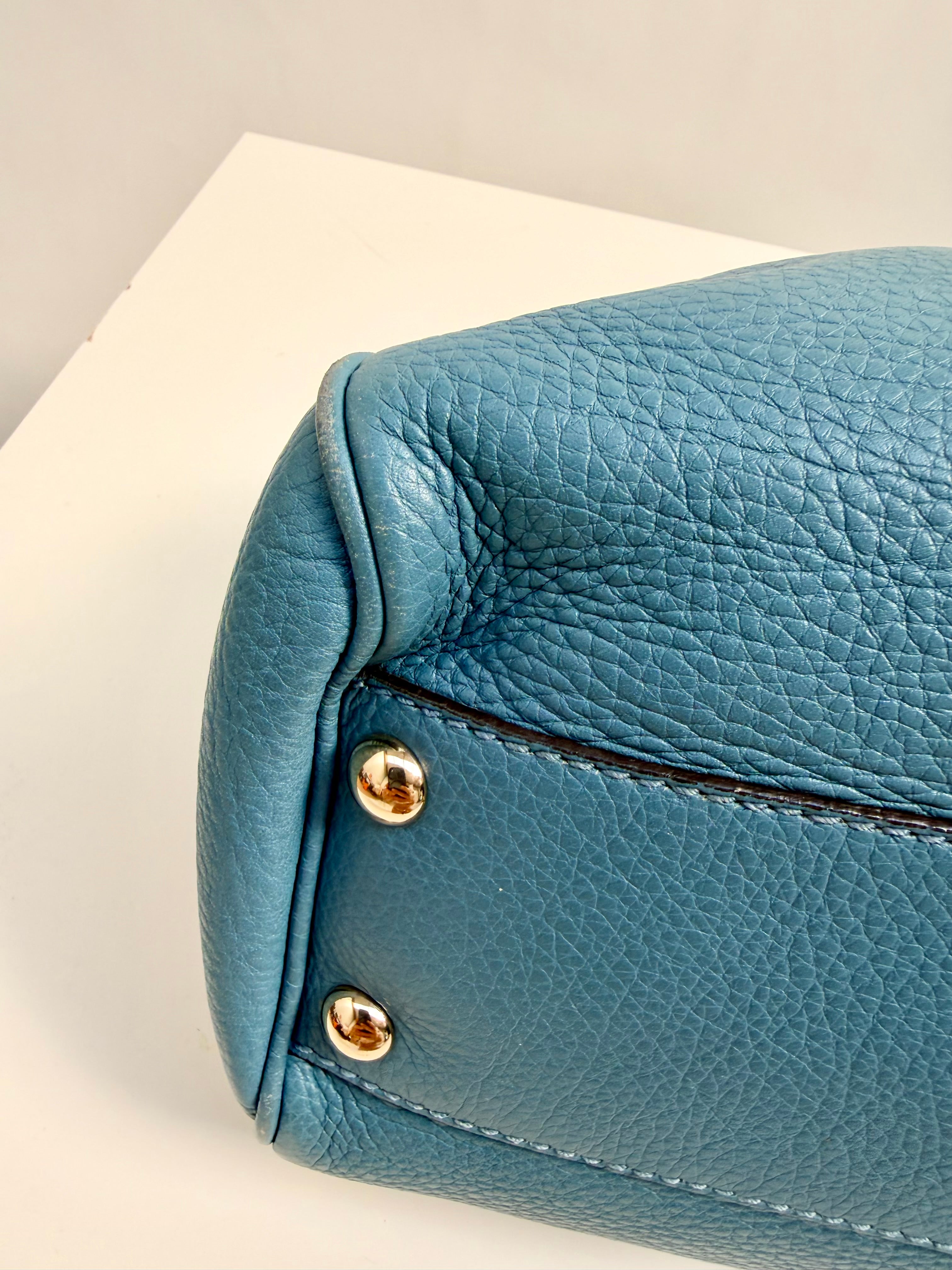 Gucci Bamboo Leather Top Handle Bag Blue Vintage Bamboo Crossbody