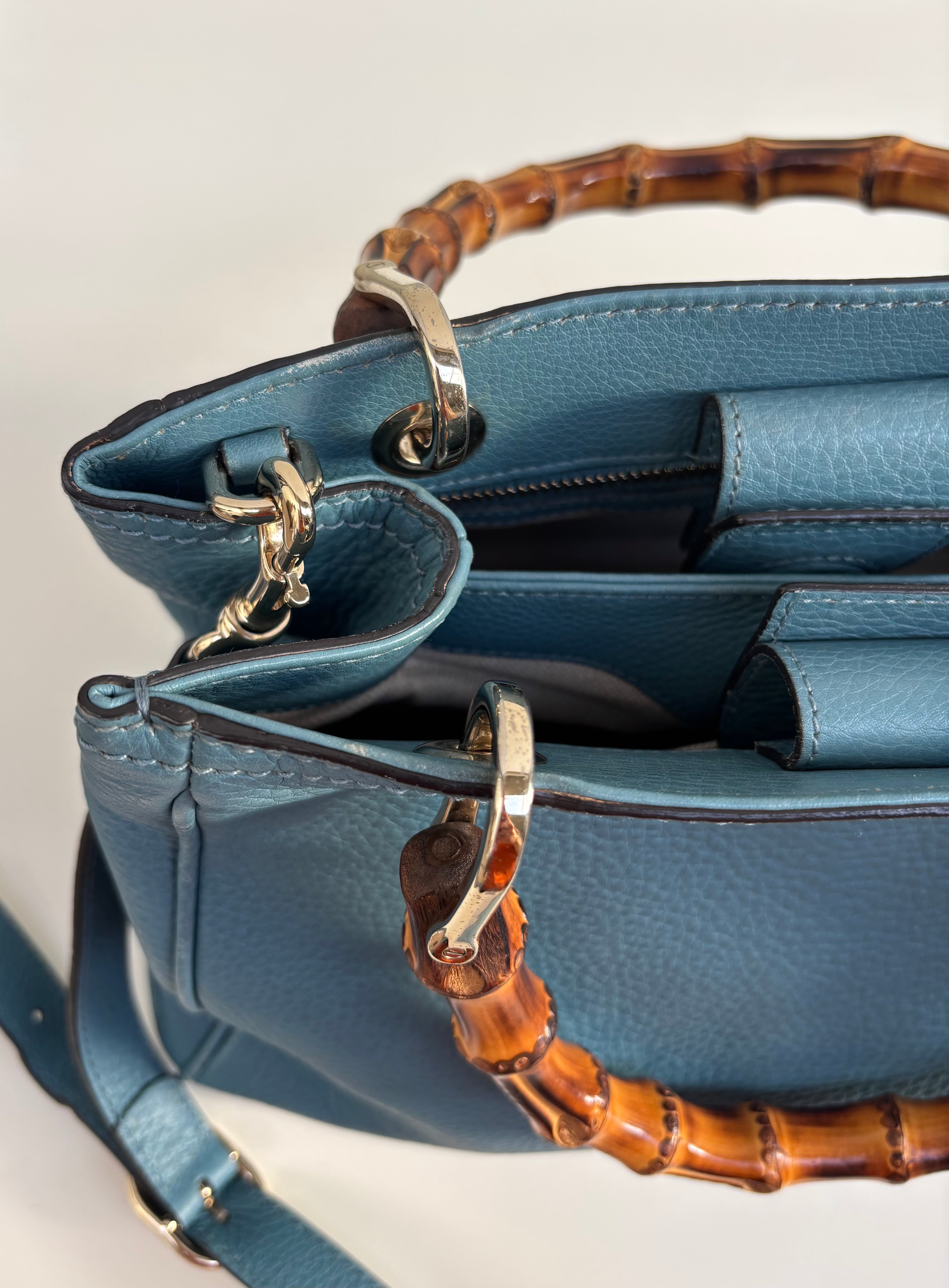 Gucci Bamboo Leather Top Handle Bag Blue Vintage Bamboo Crossbody