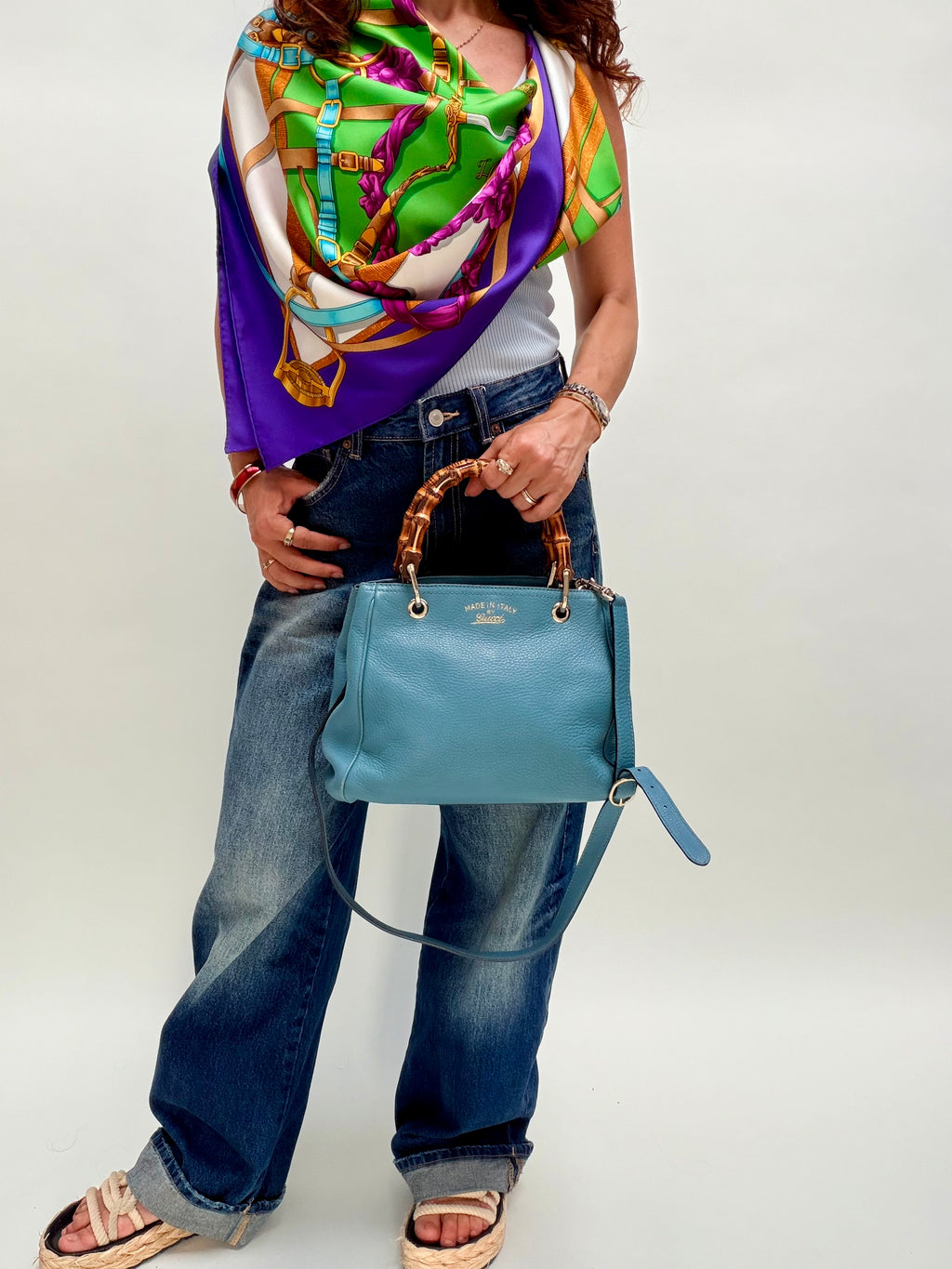 Gucci Bamboo Leather Top Handle Bag Blue Vintage Bamboo Crossbody