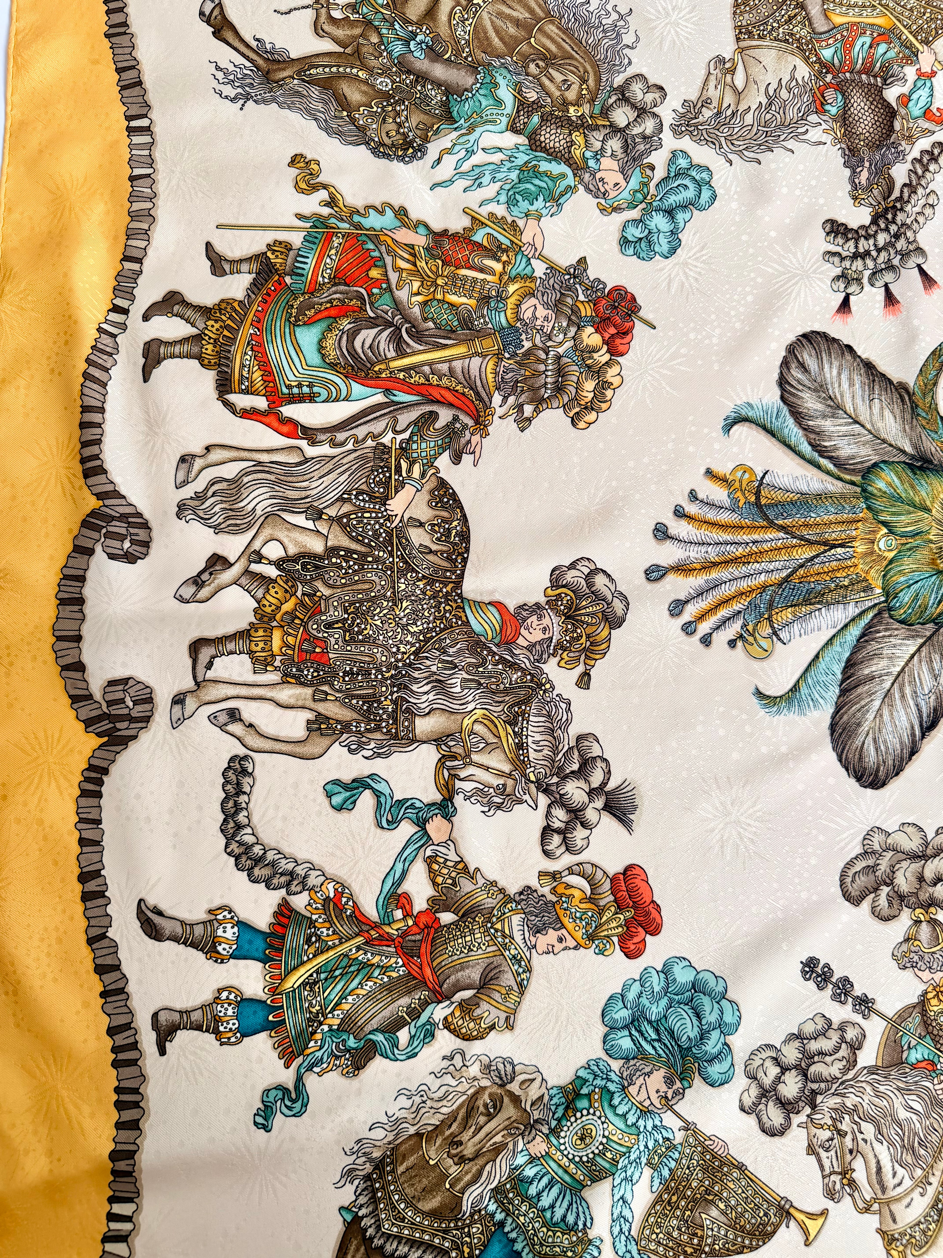 Hermès Les Fêtes du Roi Soleil Carré 90 Silk Scarf Yellow Ivory by Loïc Dubigeon
