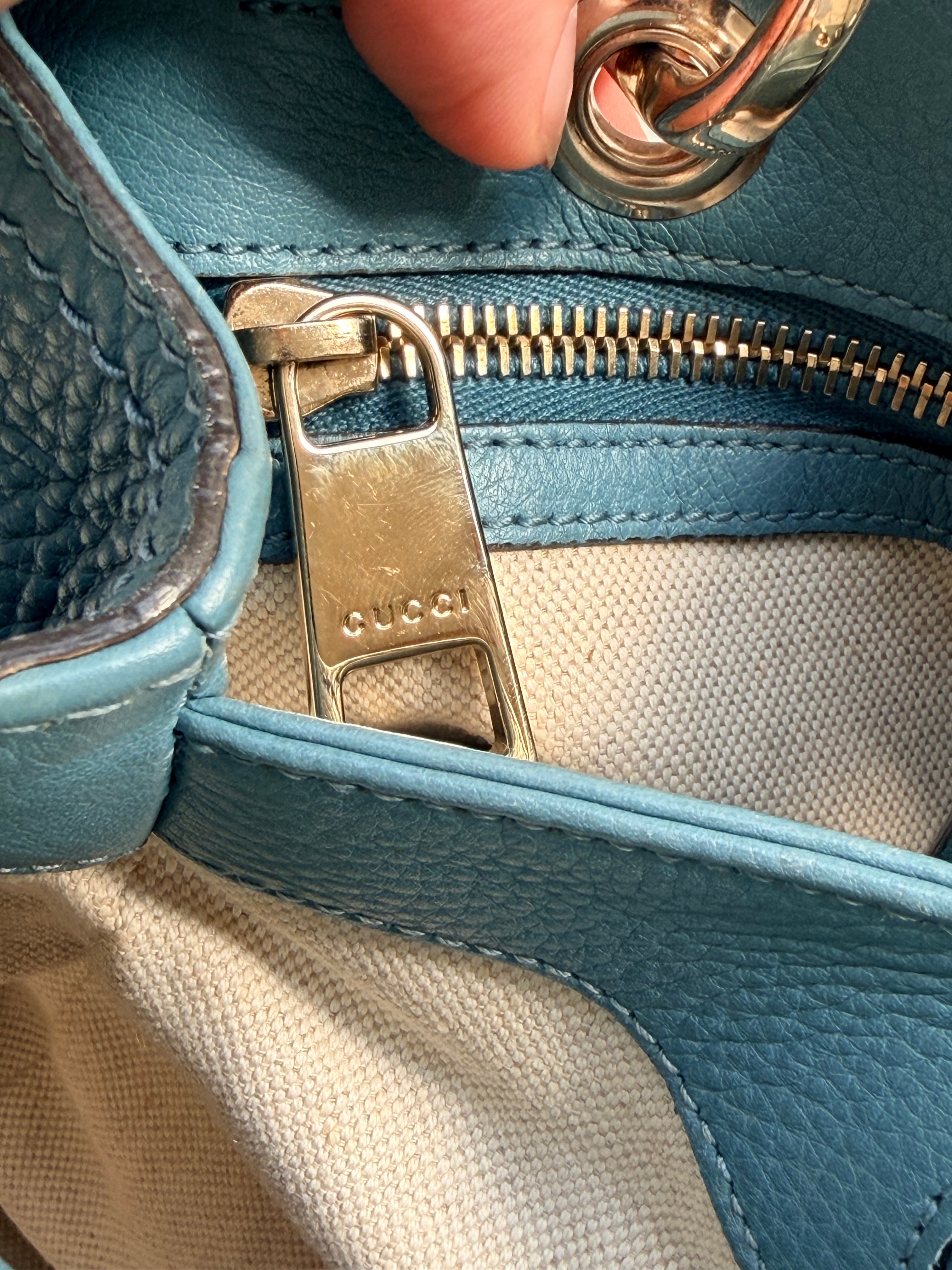 Gucci Bamboo Leather Top Handle Bag Blue Vintage Bamboo Crossbody