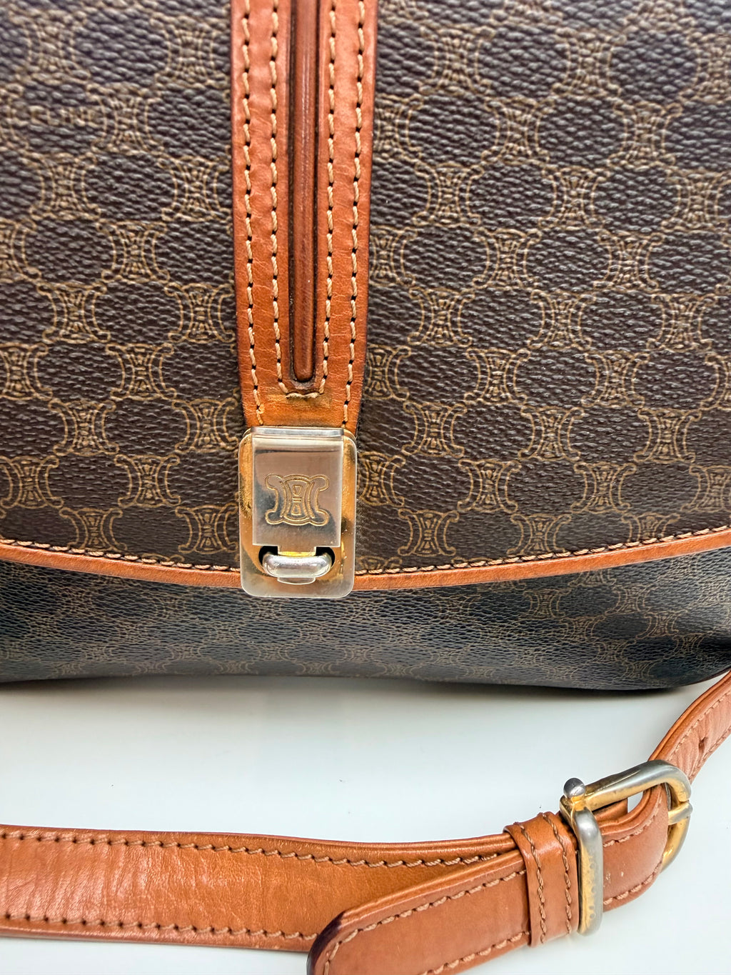 Celine Macadam Vintage Brown Canvas Leather Crossbody Bag
