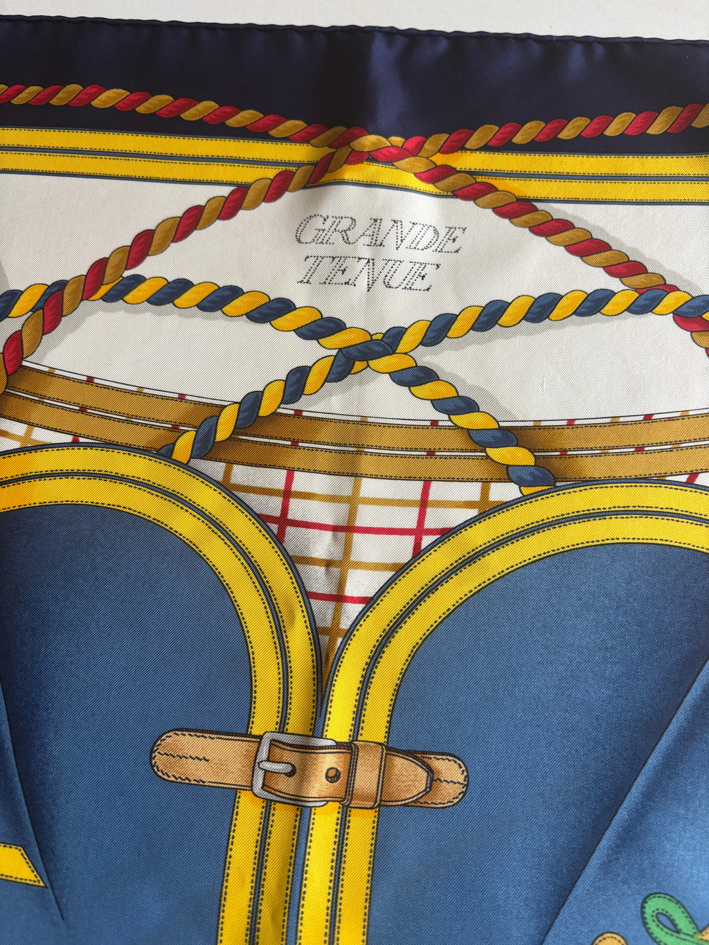 Hermès Carré 90 Silk Scarf Blue Gold Heraldic Equestrian Motif