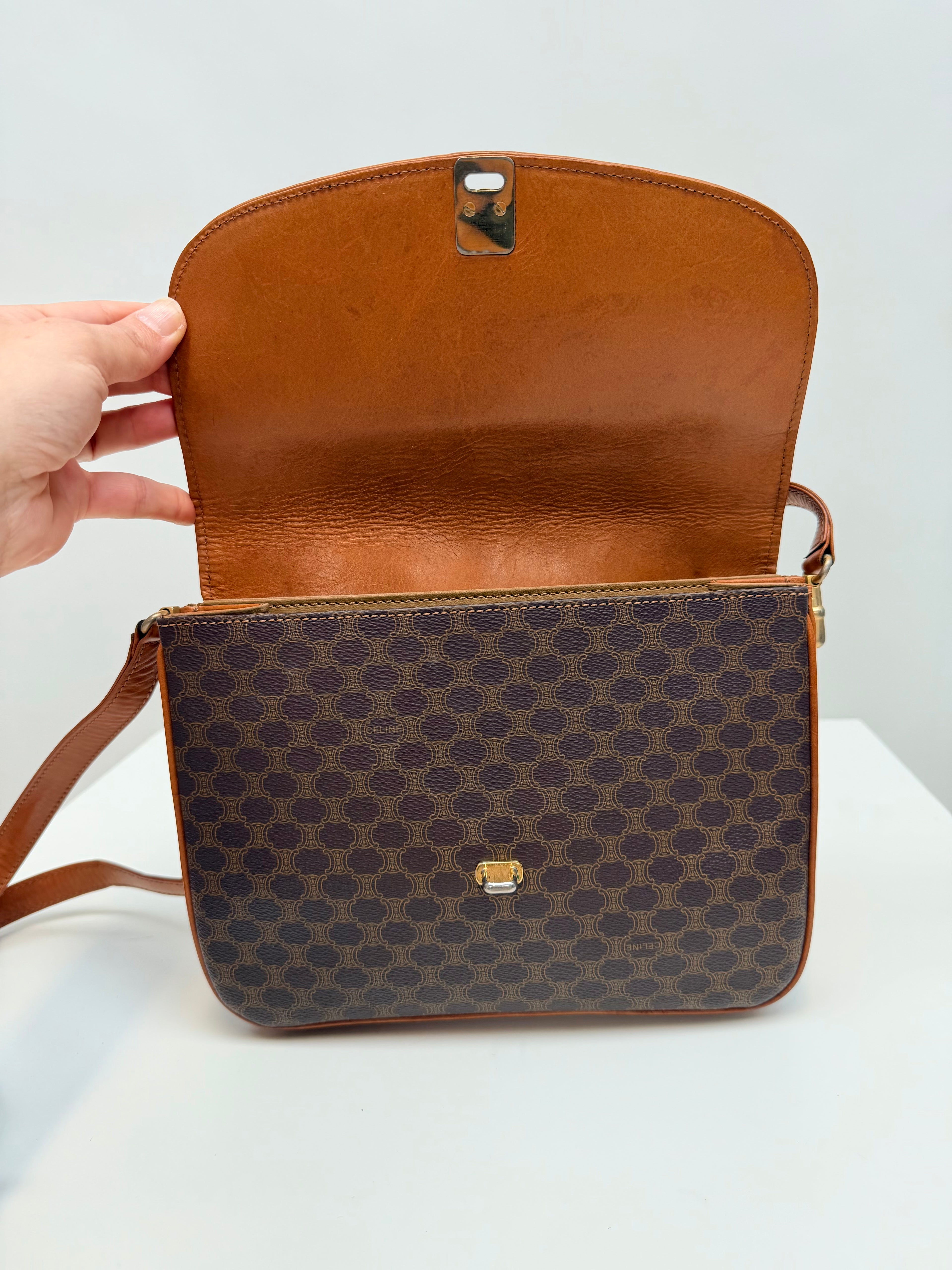 Celine Macadam Vintage Brown Canvas Leather Crossbody Bag