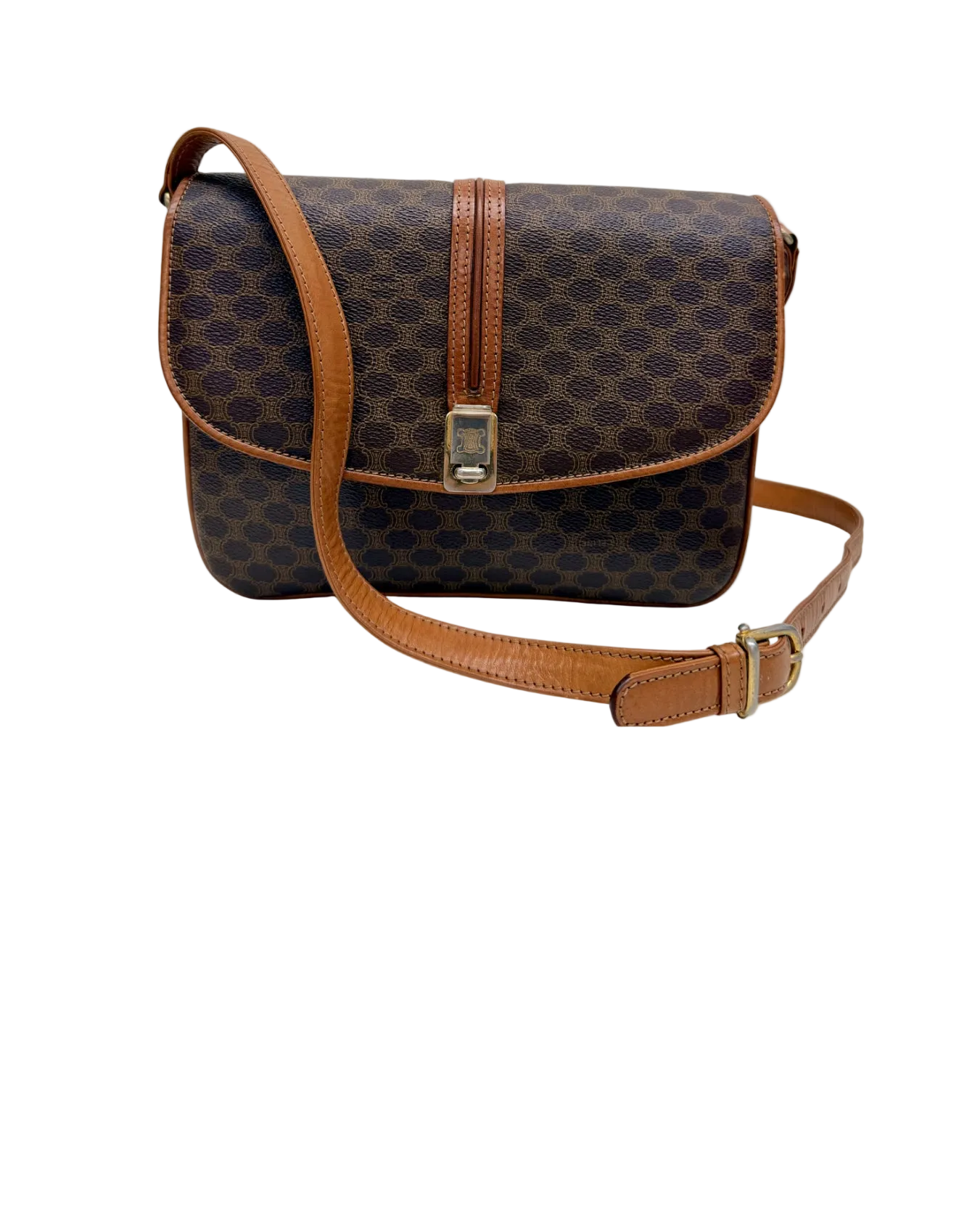 Celine Macadam Vintage Brown Canvas Leather Crossbody Bag