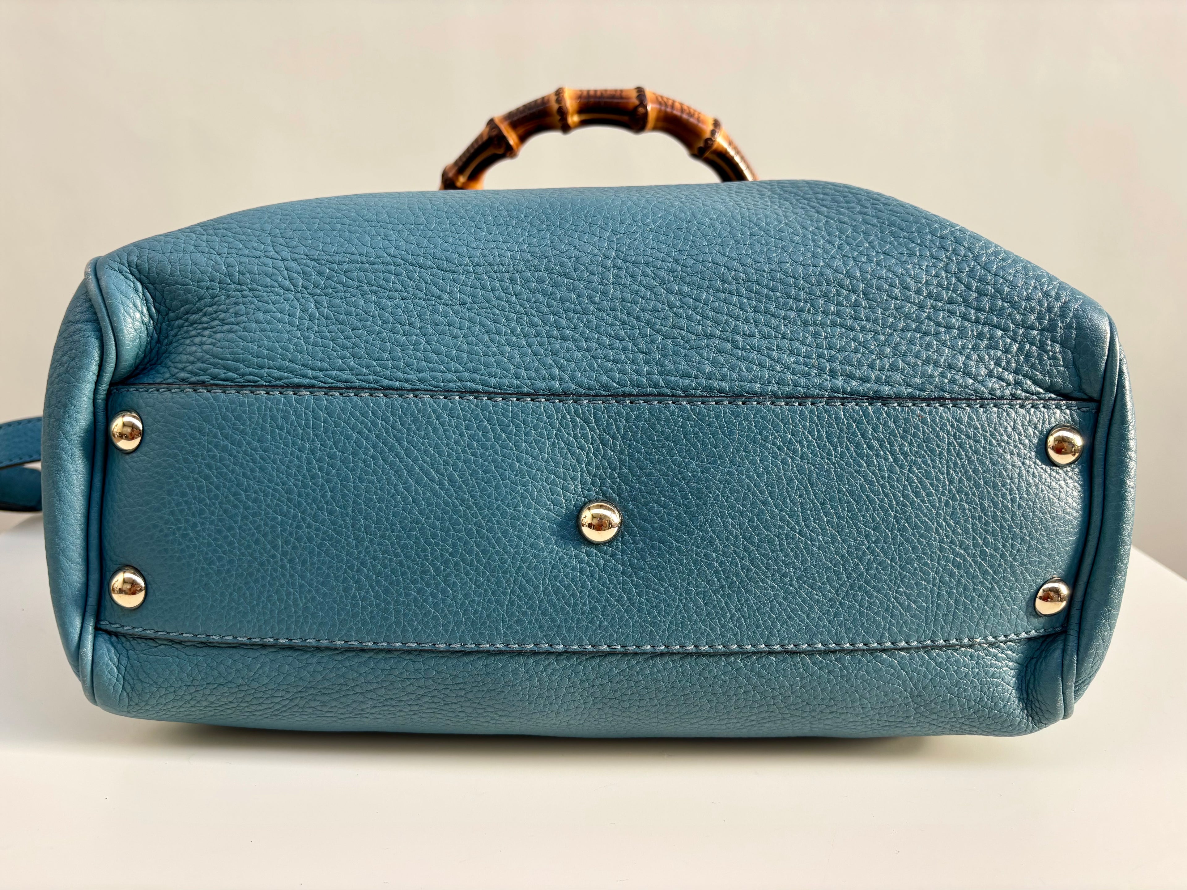 Gucci Bamboo Leather Top Handle Bag Blue Vintage Bamboo Crossbody