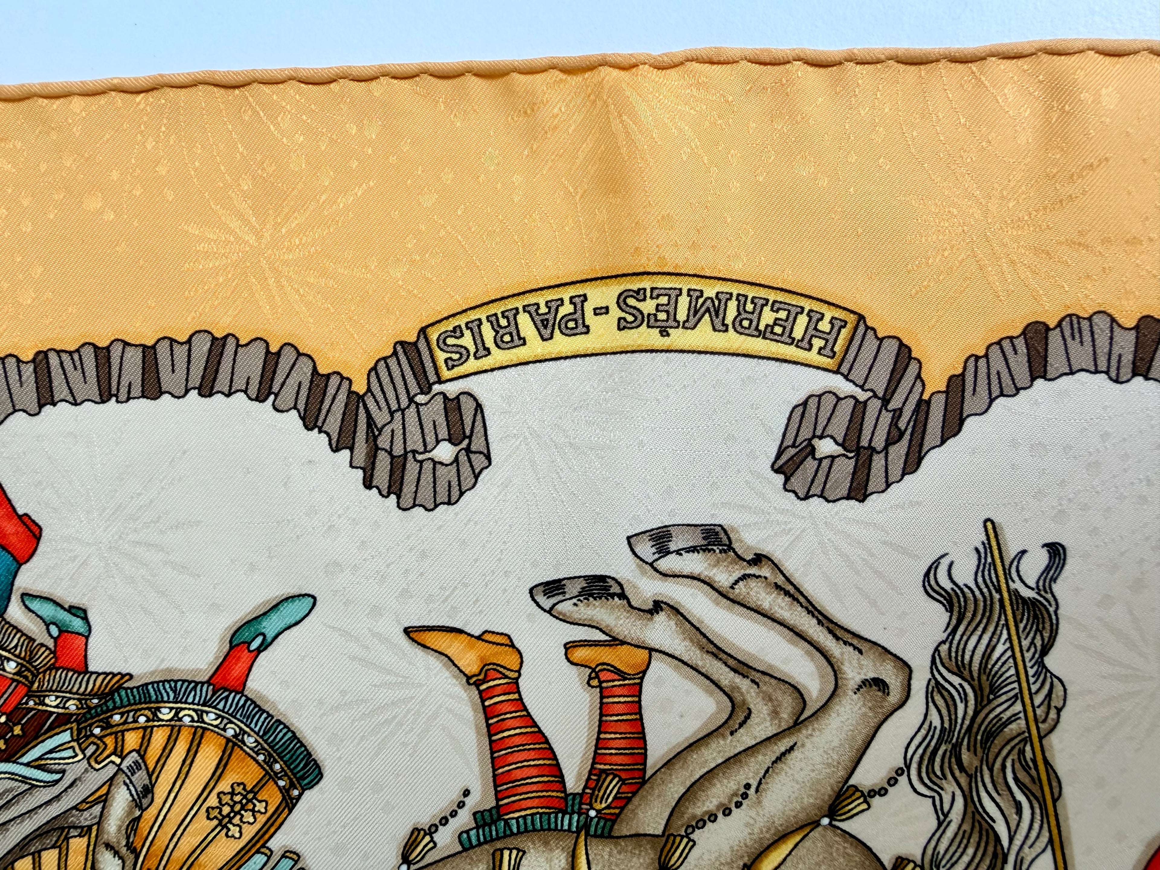 Hermès Les Fêtes du Roi Soleil Carré 90 Silk Scarf Yellow Ivory by Loïc Dubigeon