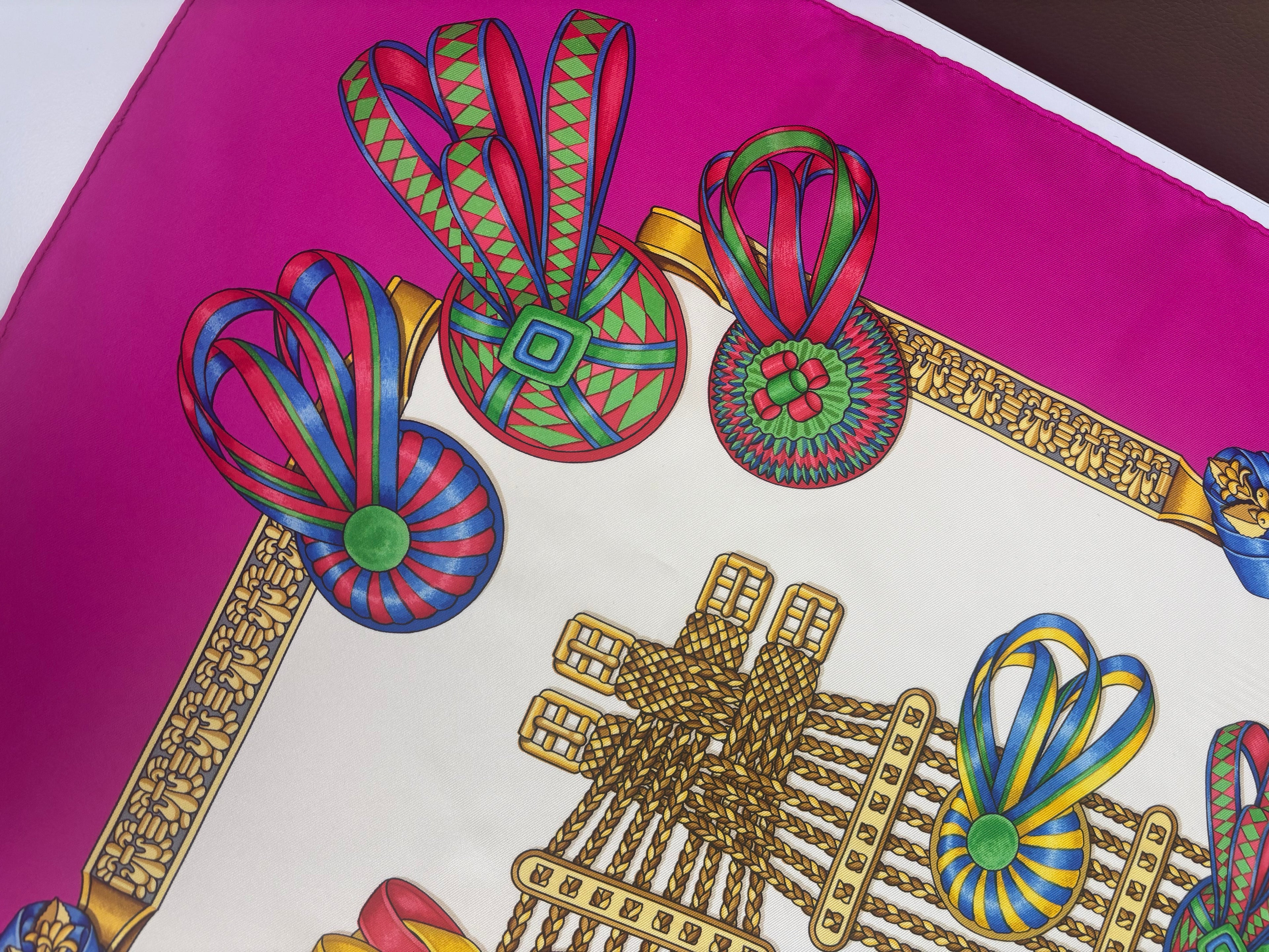 Hermès Vintage Silk Carré 90 Scarf Fuchsia Pink Multicolor Print