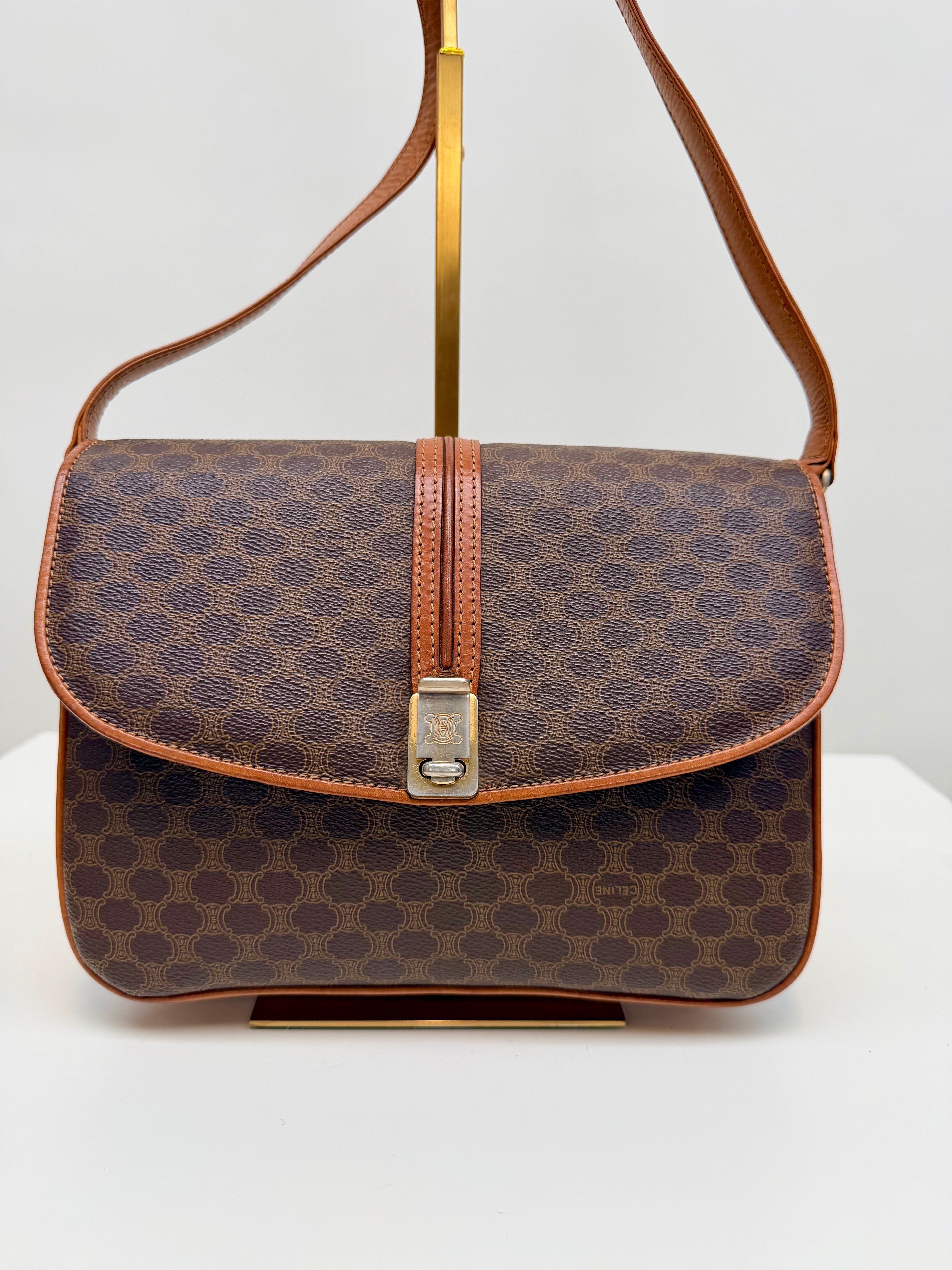 Celine Macadam Vintage Brown Canvas Leather Crossbody Bag