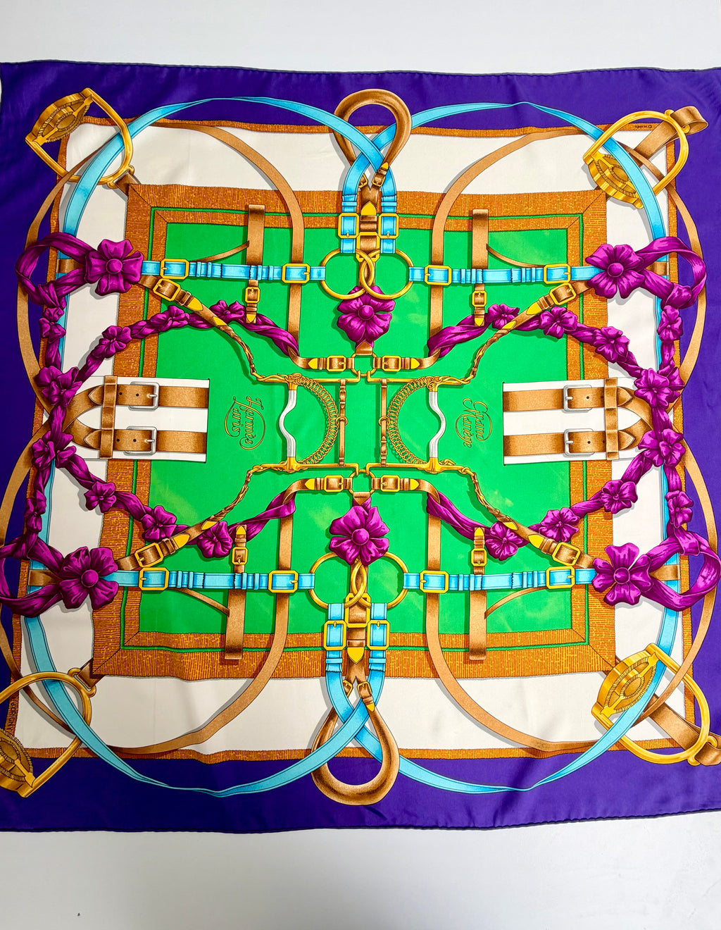 Hermès Grand Manège Silk Scarf 90x90 Purple Green Gold by Henri d’Origny