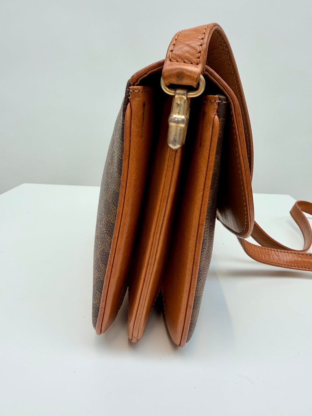 Celine Macadam Vintage Brown Canvas Leather Crossbody Bag