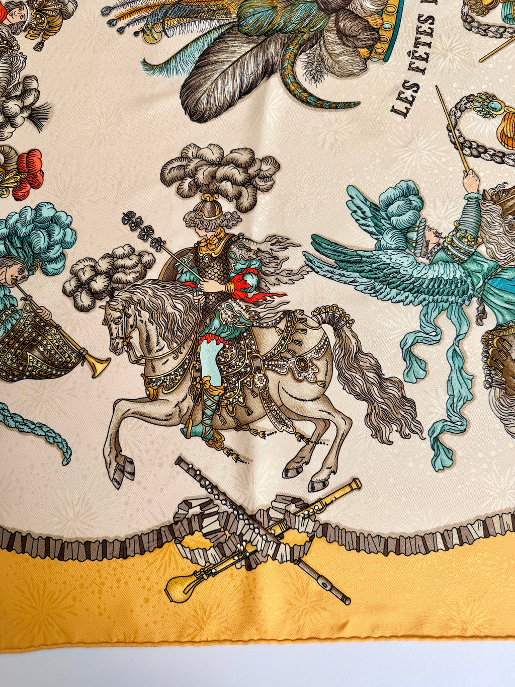 Hermès Les Fêtes du Roi Soleil Carré 90 Silk Scarf Yellow Ivory by Loïc Dubigeon