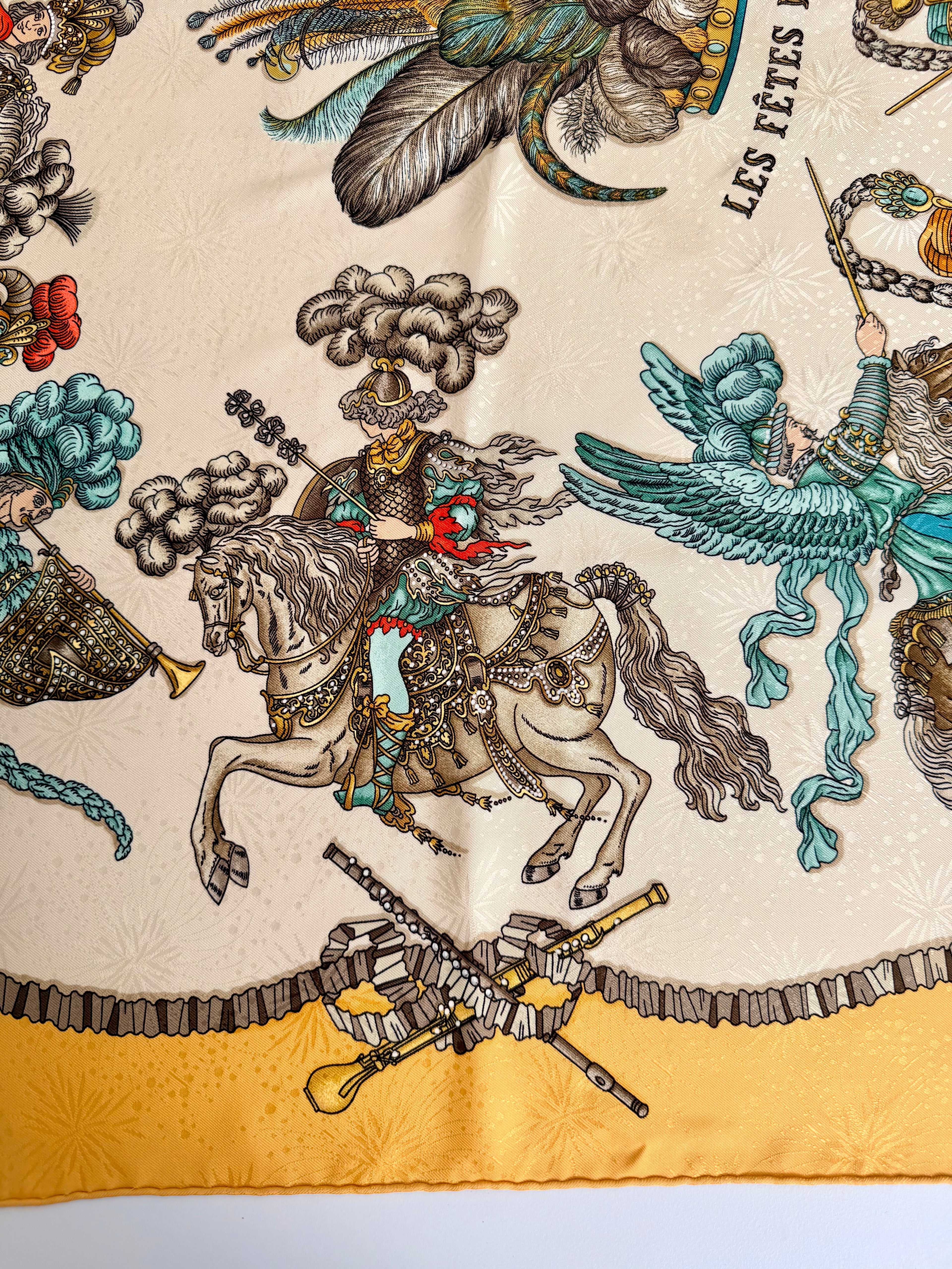 Hermès Les Fêtes du Roi Soleil Carré 90 Silk Scarf Yellow Ivory by Loïc Dubigeon