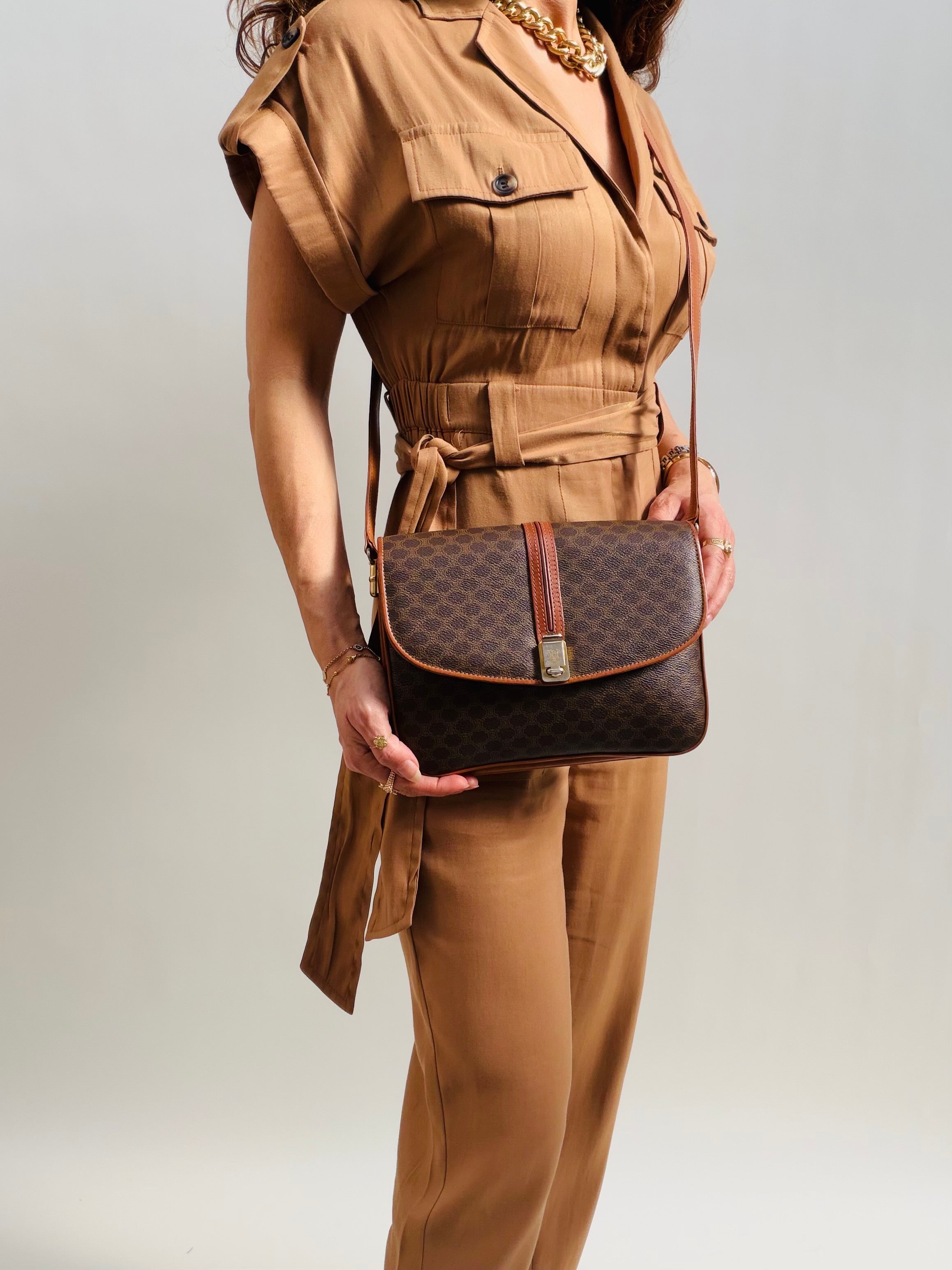 Celine Macadam Vintage Brown Canvas Leather Crossbody Bag