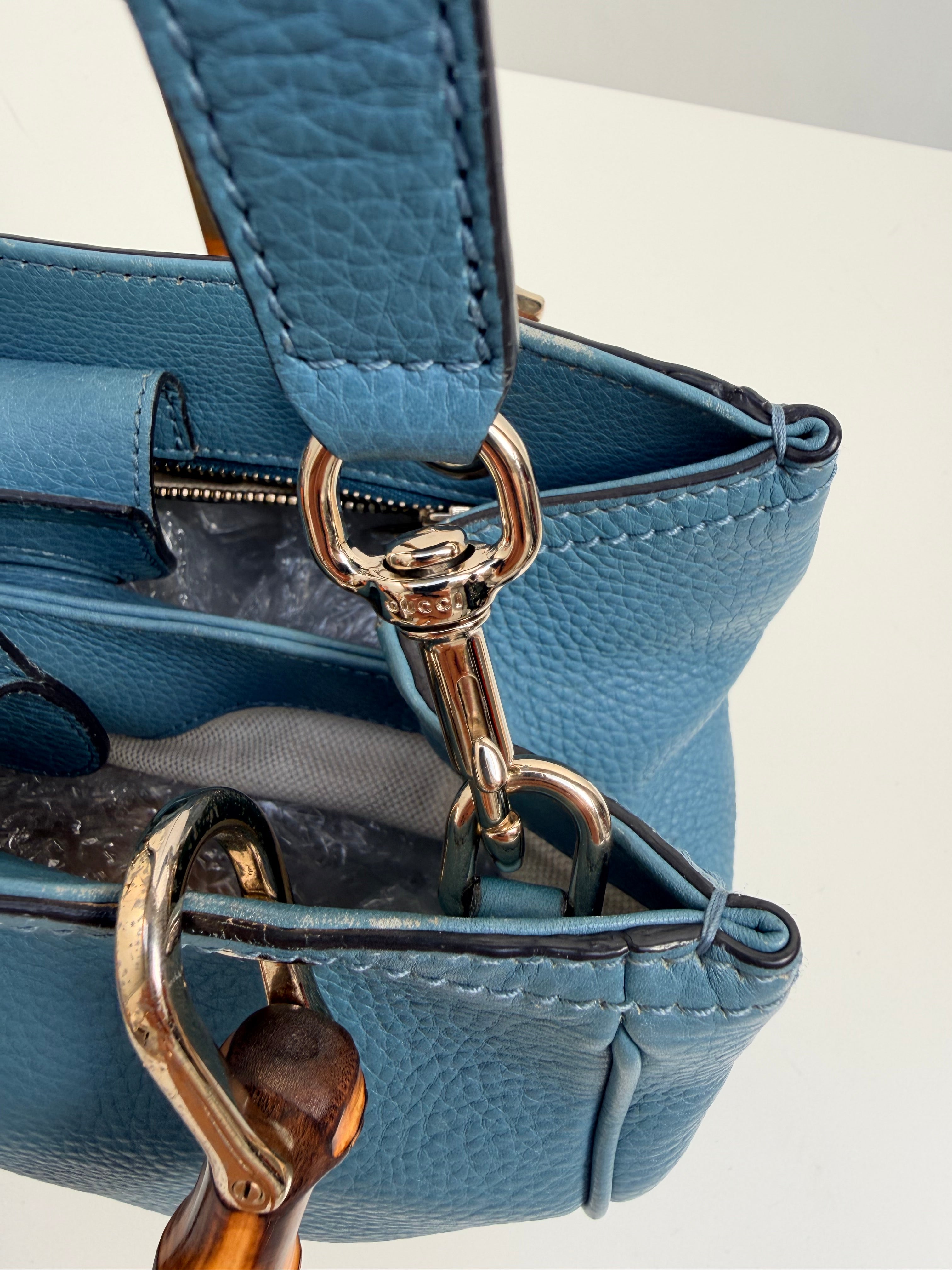 Gucci Bamboo Leather Top Handle Bag Blue Vintage Bamboo Crossbody
