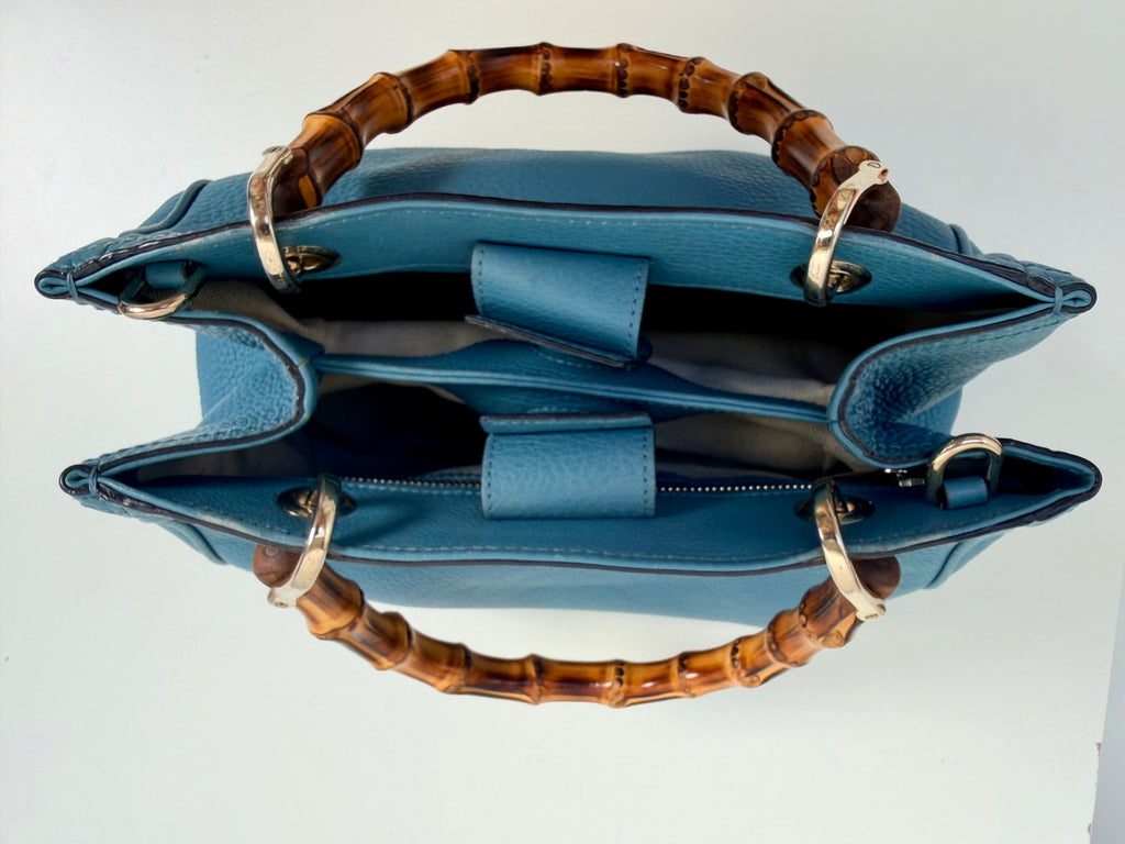 Gucci Bamboo Leather Top Handle Bag Blue Vintage Bamboo Crossbody