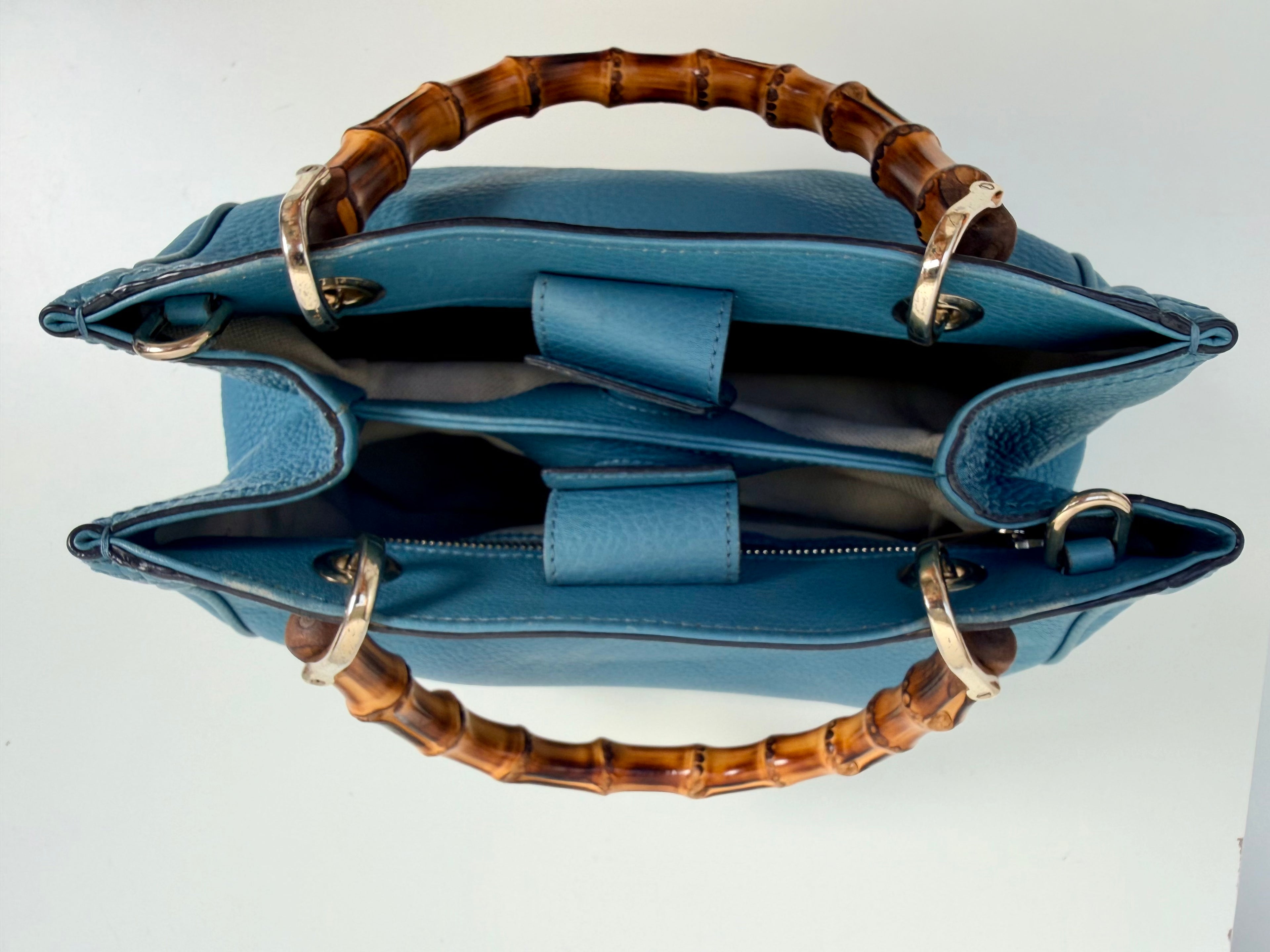 Gucci Bamboo Leather Top Handle Bag Blue Vintage Bamboo Crossbody