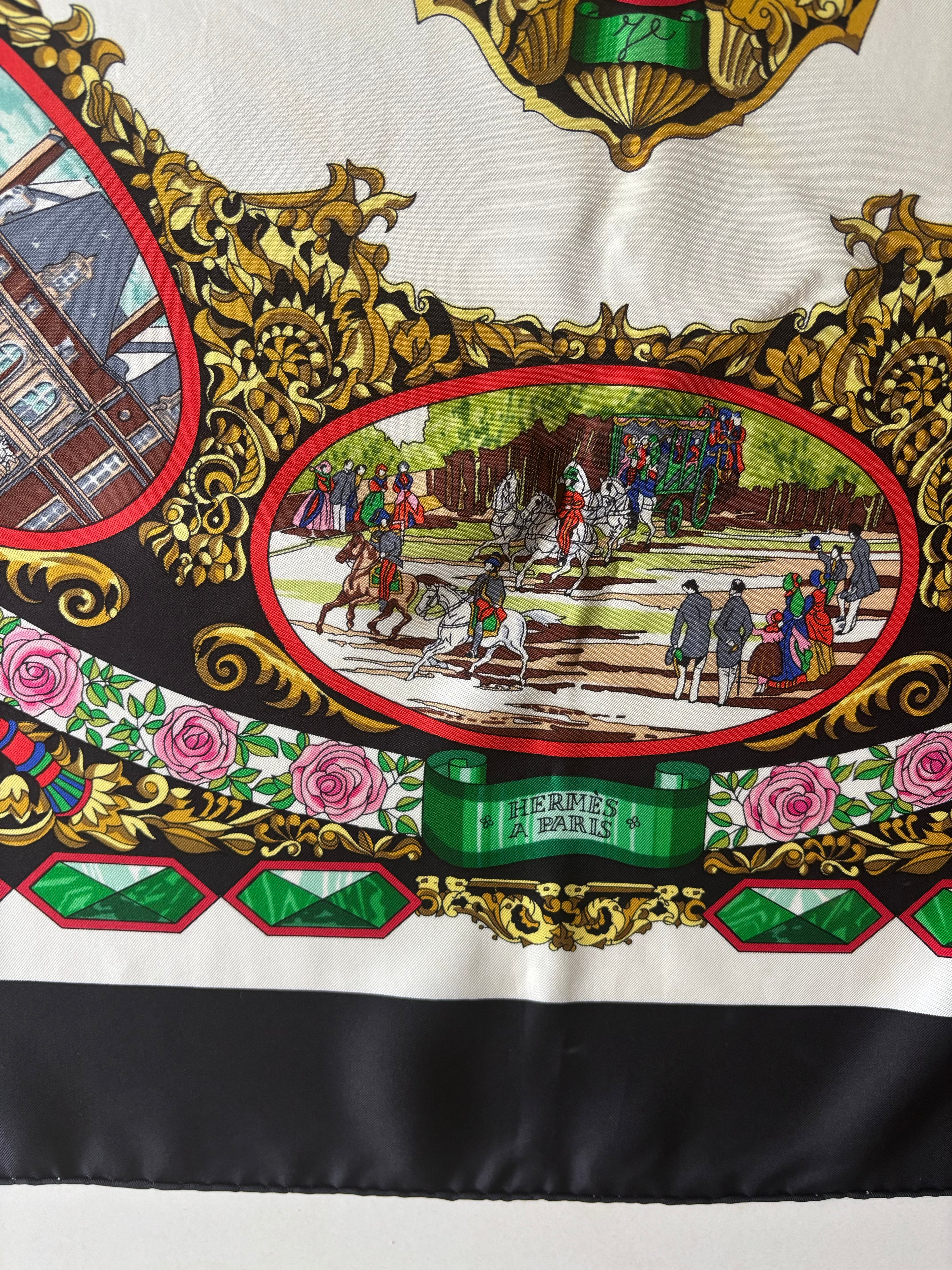 Hermès Vintage Silk Carré 90 Scarf Black Multicolor Print