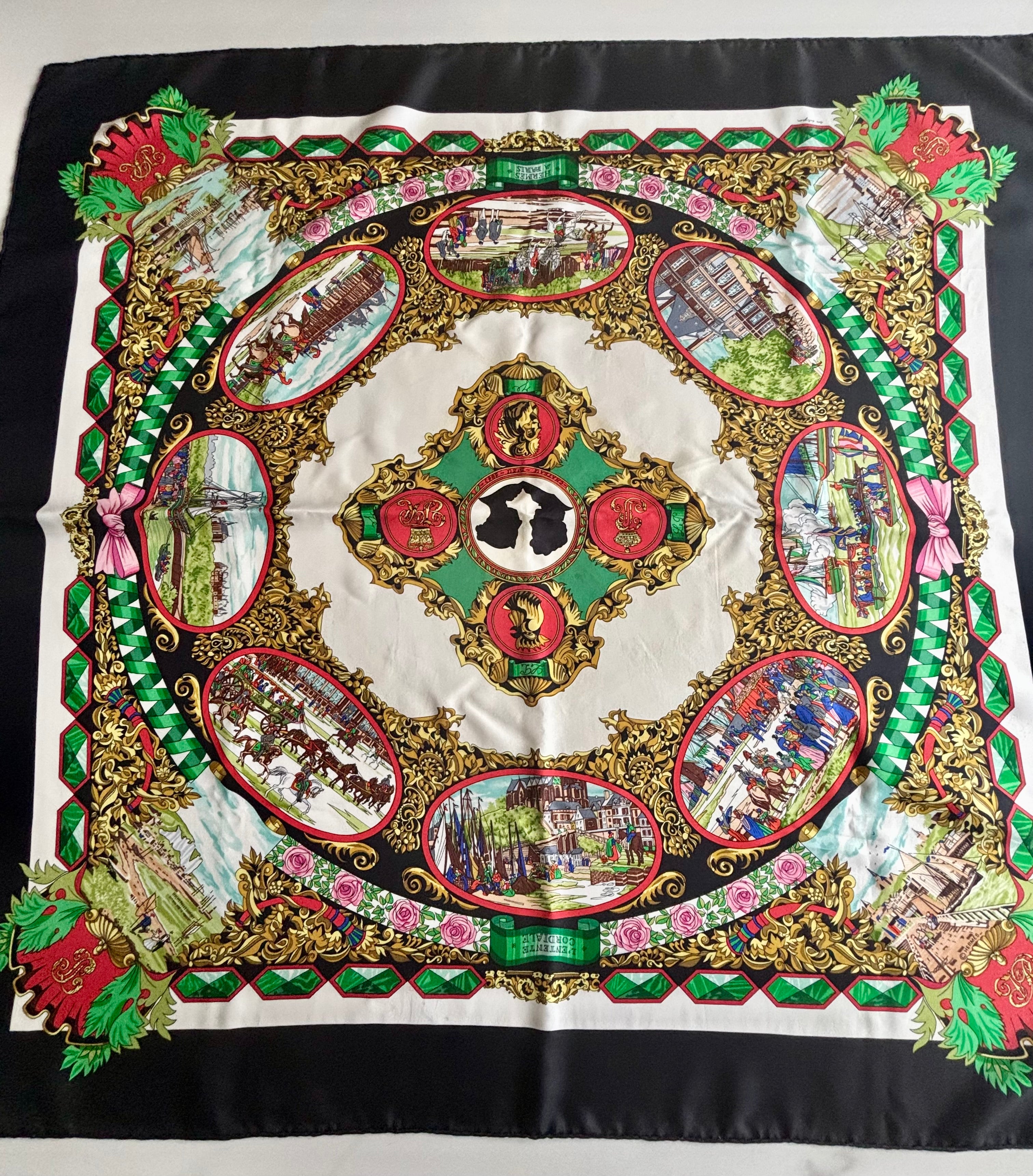 Hermès Vintage Silk Carré 90 Scarf Black Multicolor Print
