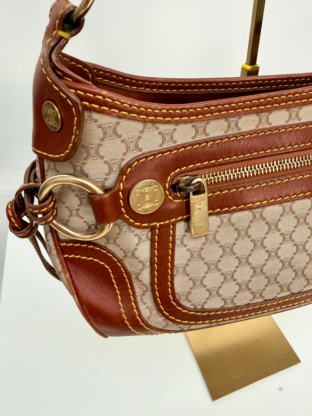 Céline Macadam Baguette Shoulder Bag Brown Canvas Leather Vintage 90s