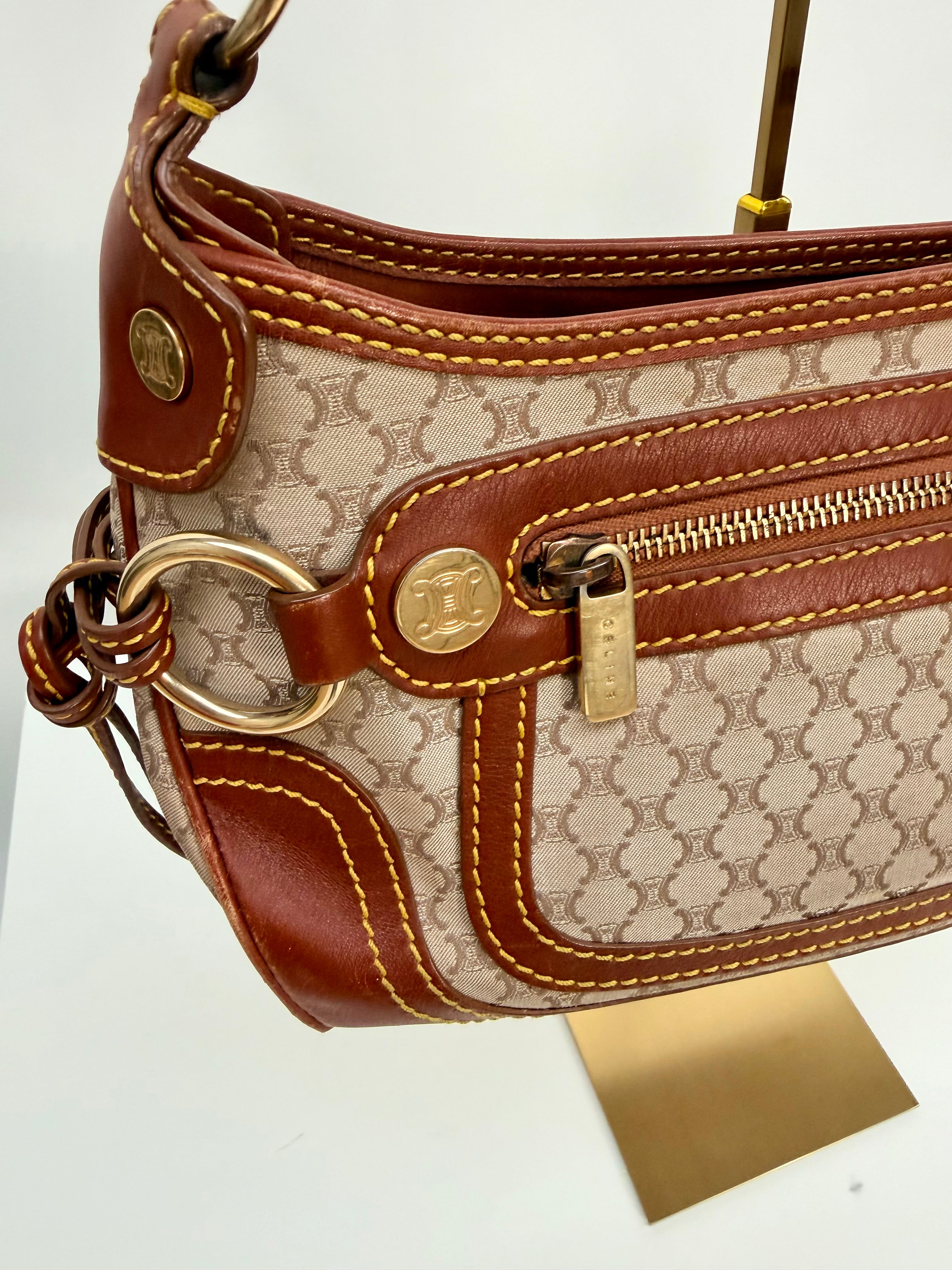 Céline Macadam Baguette Shoulder Bag Brown Canvas Leather Vintage 90s