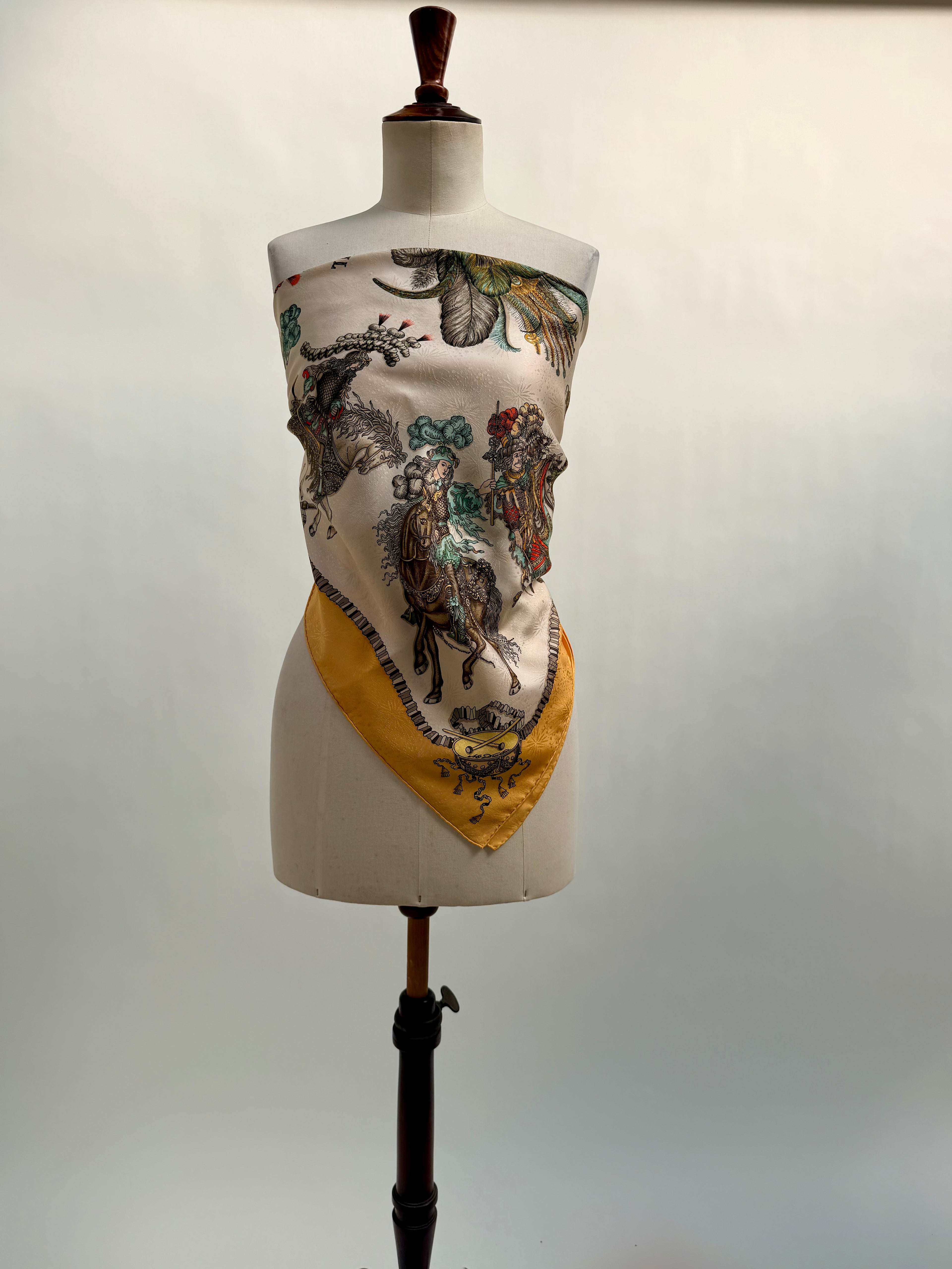 Hermès Les Fêtes du Roi Soleil Carré 90 Silk Scarf Yellow Ivory by Loïc Dubigeon