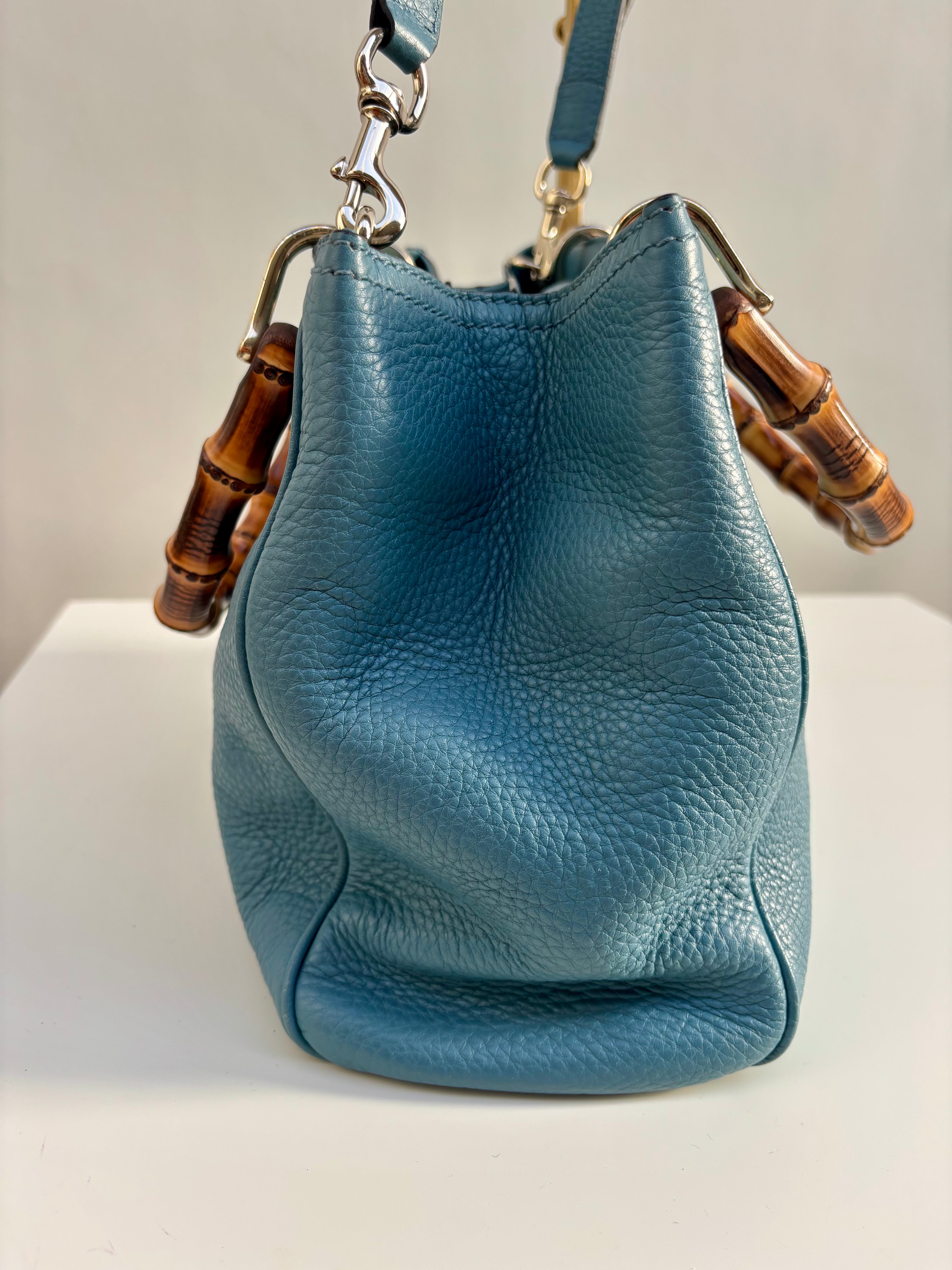 Gucci Bamboo Leather Top Handle Bag Blue Vintage Bamboo Crossbody