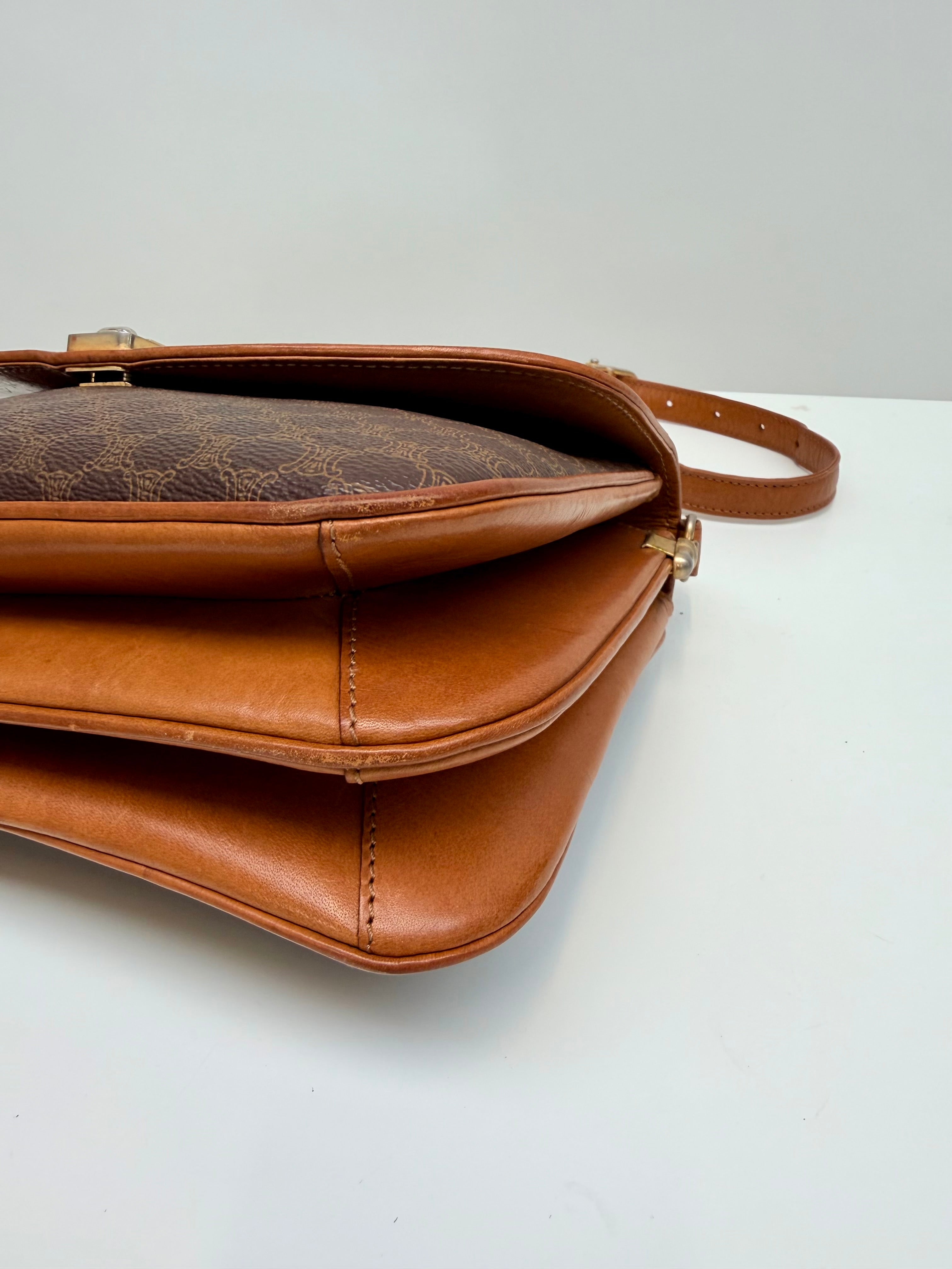 Celine Macadam Vintage Brown Canvas Leather Crossbody Bag