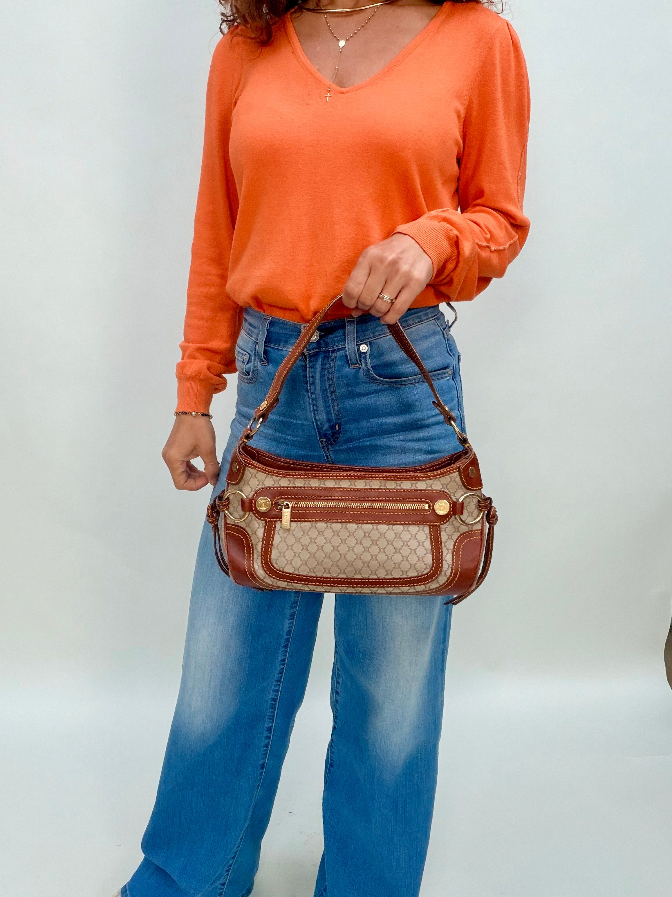 Céline Macadam Baguette Shoulder Bag Brown Canvas Leather Vintage 90s