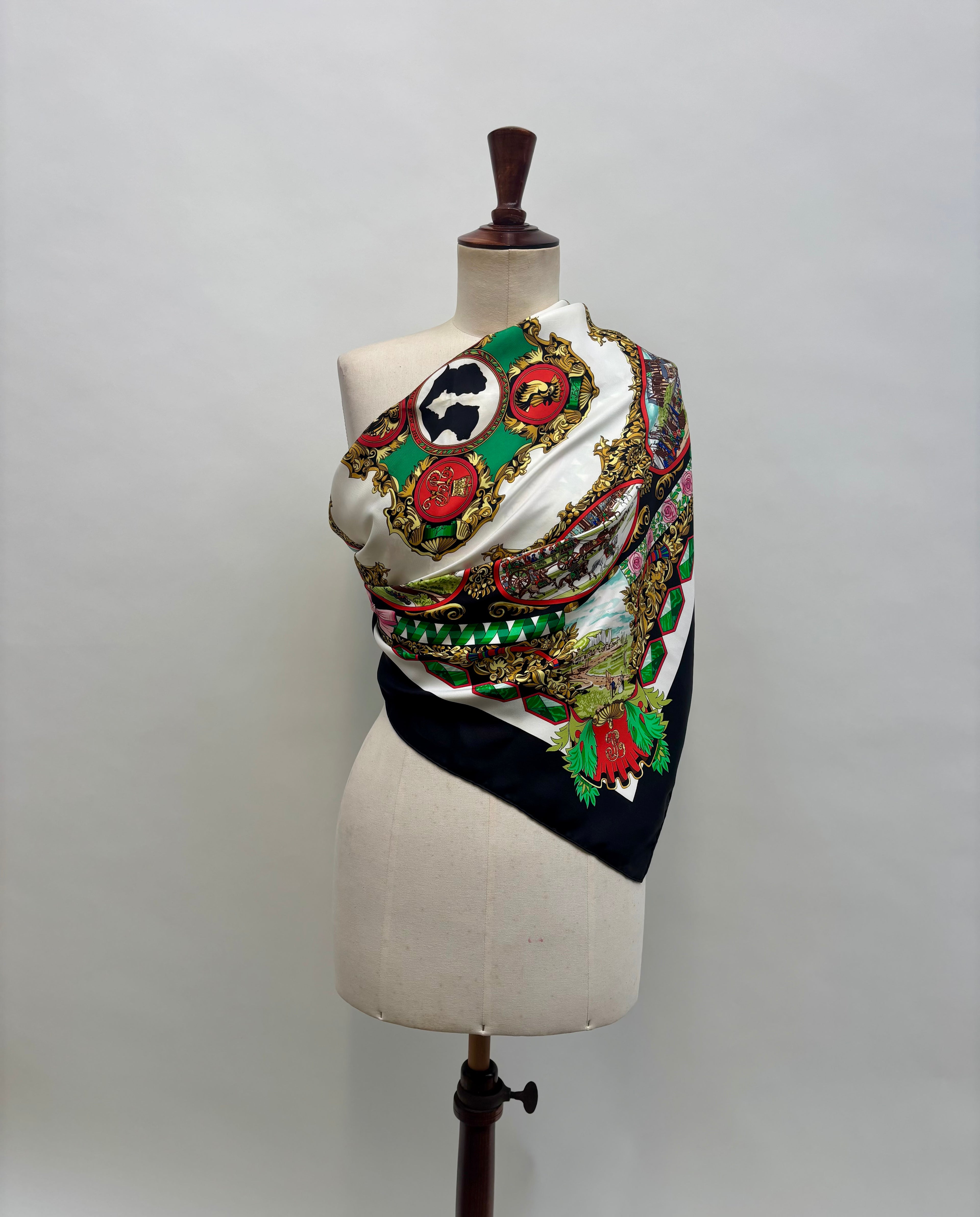 Hermès Vintage Silk Carré 90 Scarf Black Multicolor Print