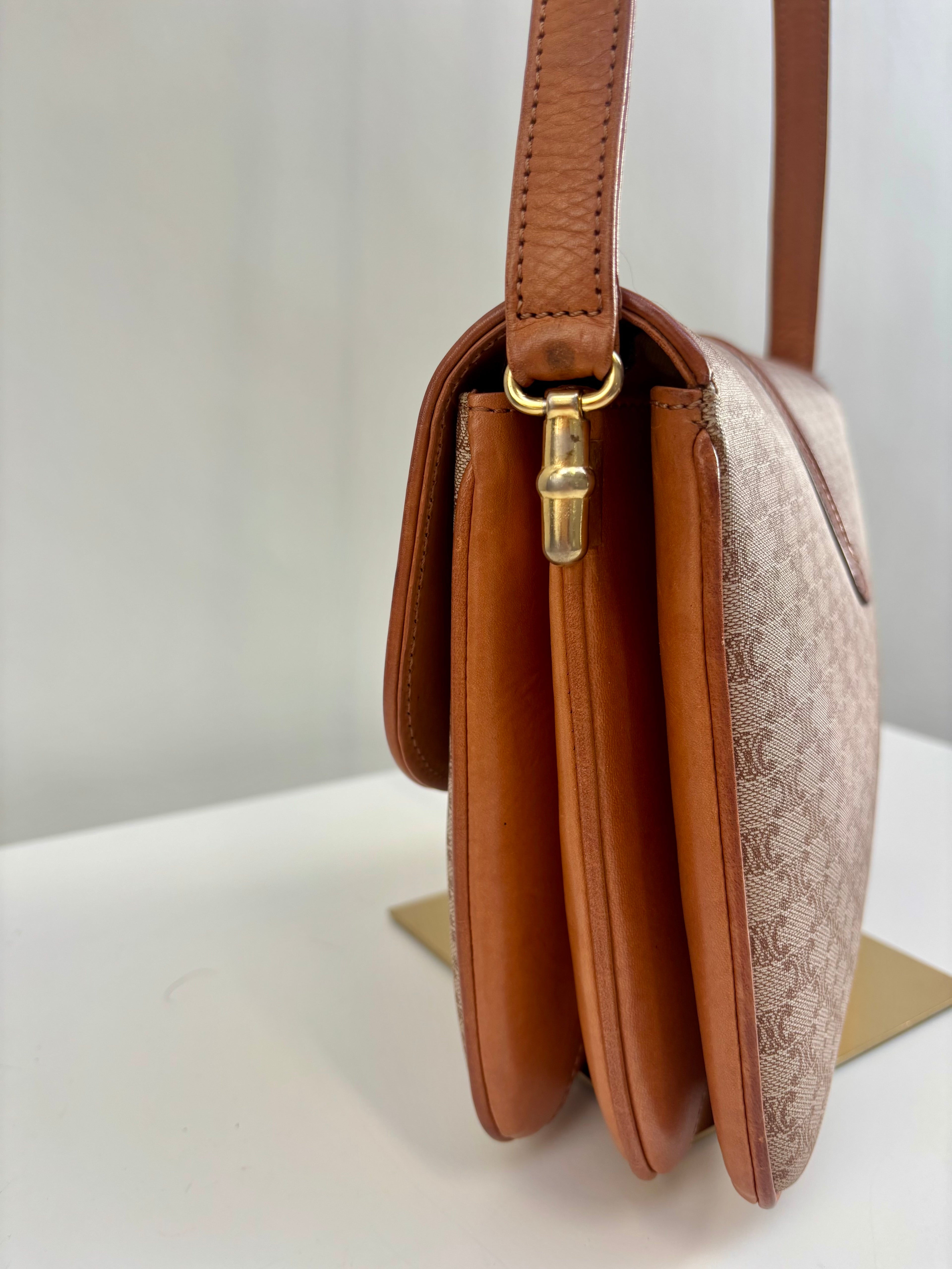 Celine Vintage 90s Macadam Crossbody Bag Beige Brown Canvas