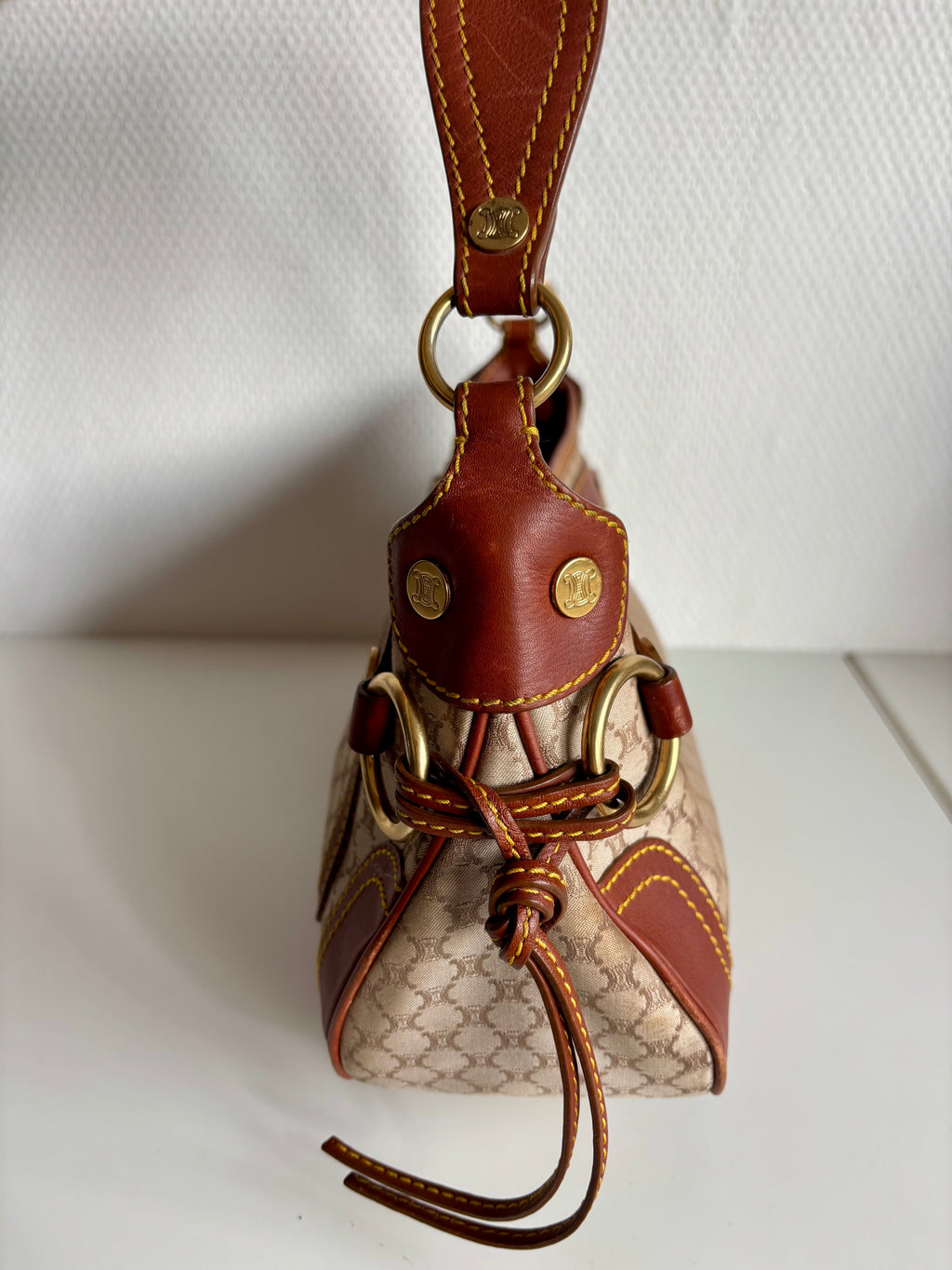 Celine Vintage 90s Brown Leather / Canvas Handbag