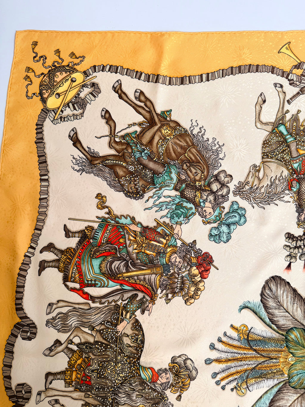 Hermès Les Fêtes du Roi Soleil Carré 90 Silk Scarf Yellow Ivory by Loïc Dubigeon